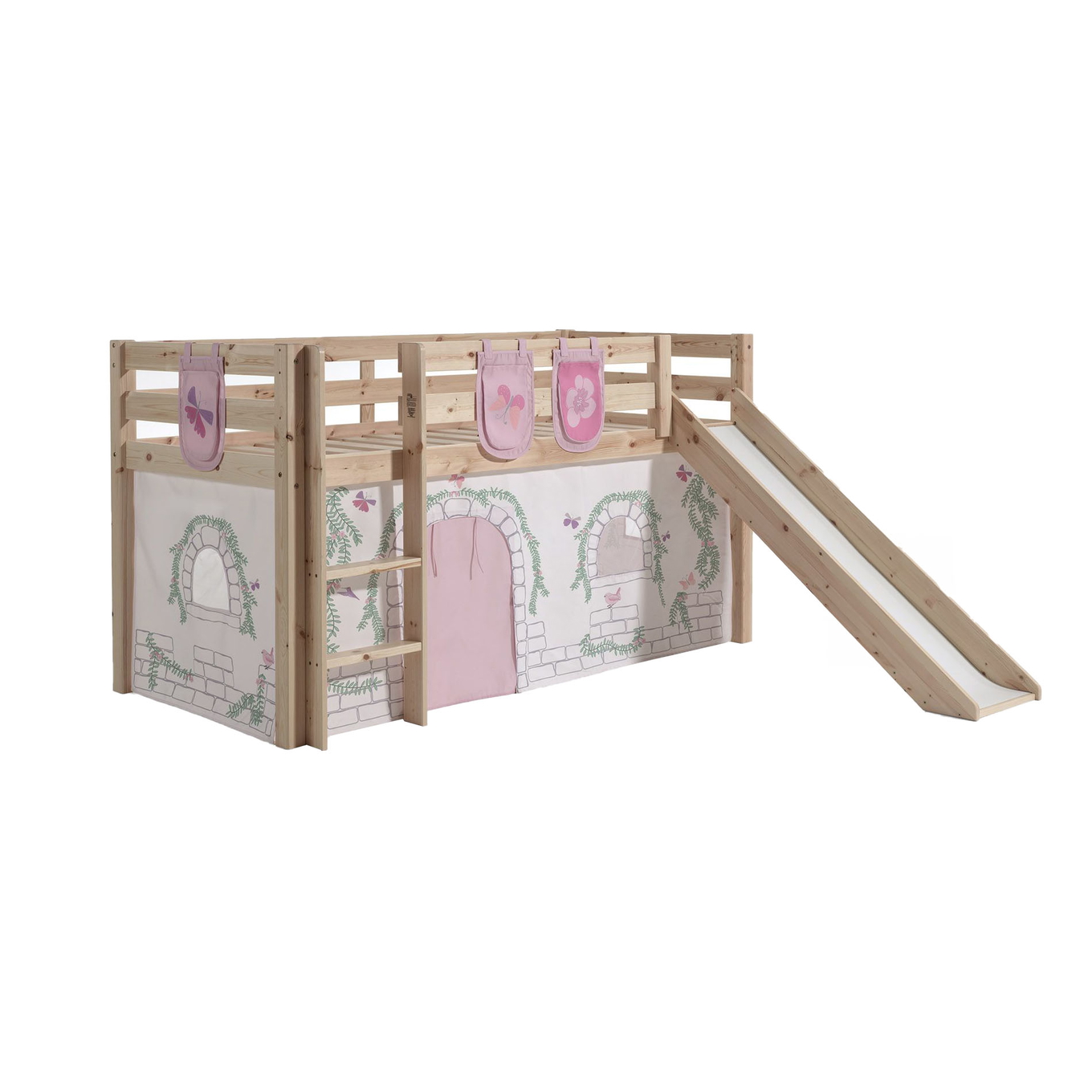 Halbhohes Bett Birdy mit Rutsche Holz, mit Spielvorhang und Betttaschen 1