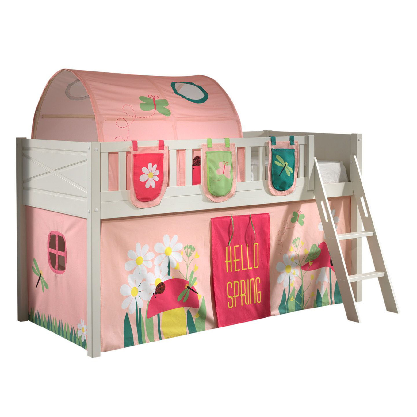 Halbhohes Bett Scott Spring mit Spielvorhang, Höhle und Betttaschen