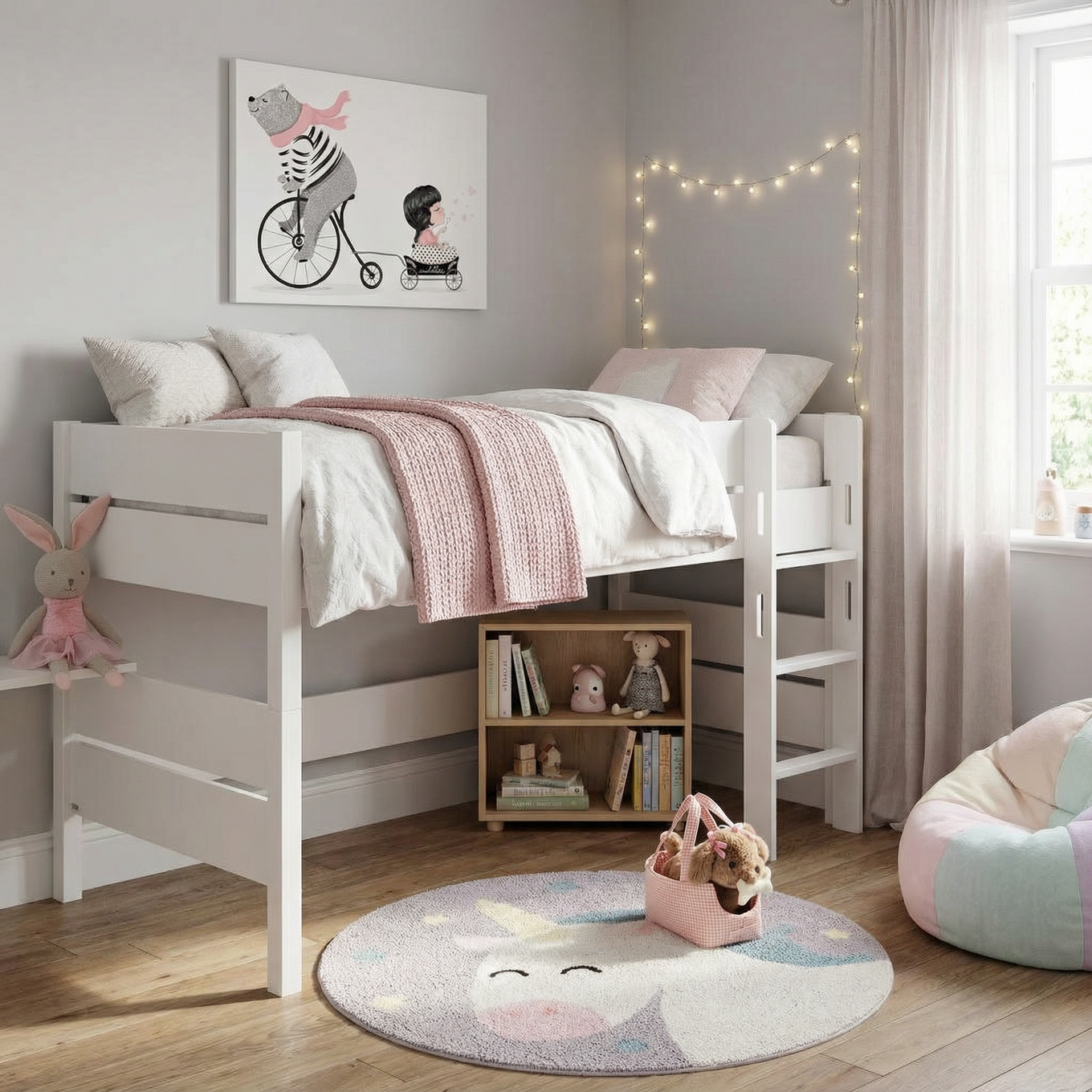 Halbhohes Bett Tiago Weiss, mit gerader Leiter, 90 x 200 cm 2