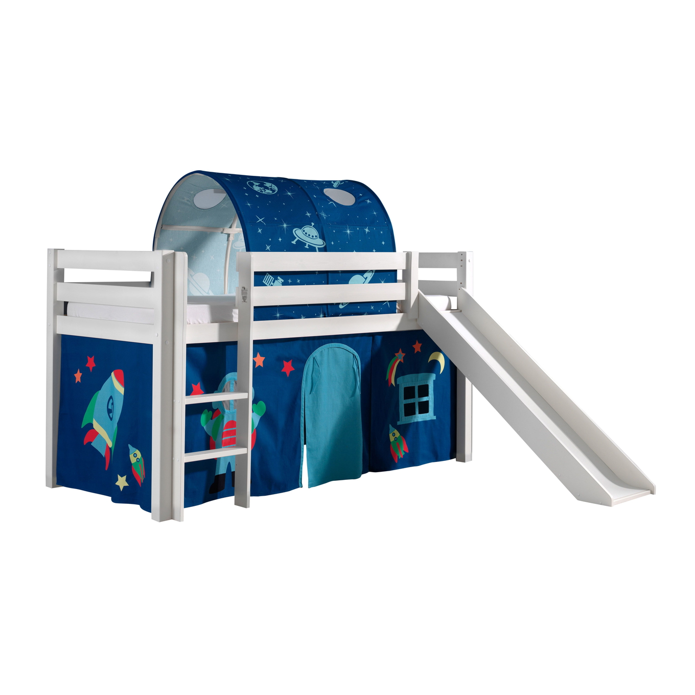 Halbhohes Bett Astro mit Rutsche Weiss, mit Spielvorhang und Höhle