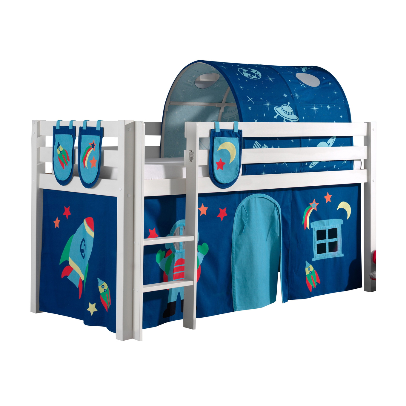 Halbhohes Bett Astro Weiss, mit Spielvorhang, Höhle und Betttaschen 1