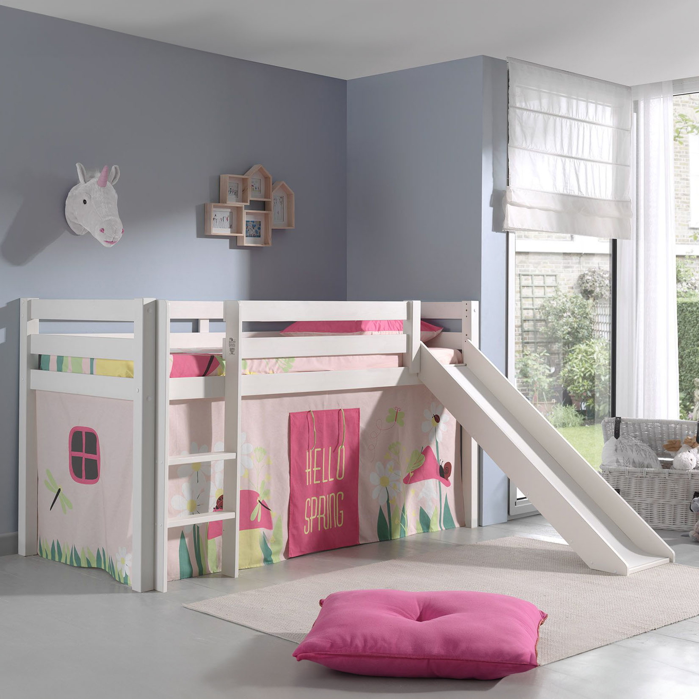 Halbhohes Bett Pino Spring mit Rutsche Weiss, mit Spielvorhang 2