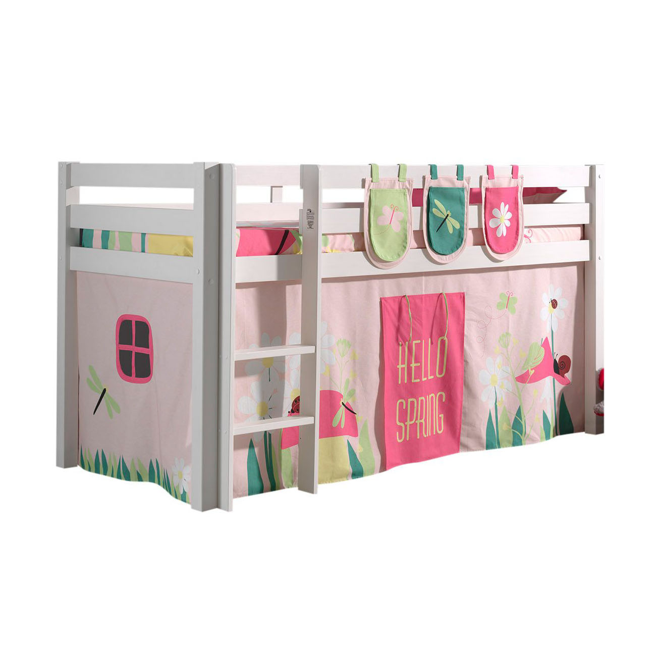 Halbhohes Bett Pino Spring Weiss, mit Spielvorhang und Betttaschen 1