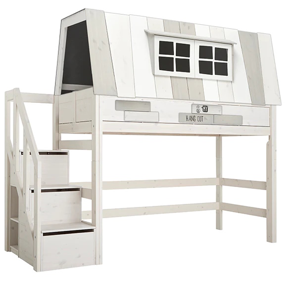 Mittelhohes Abenteuerbett Hangout Weiss lasiert, Rollrost 1