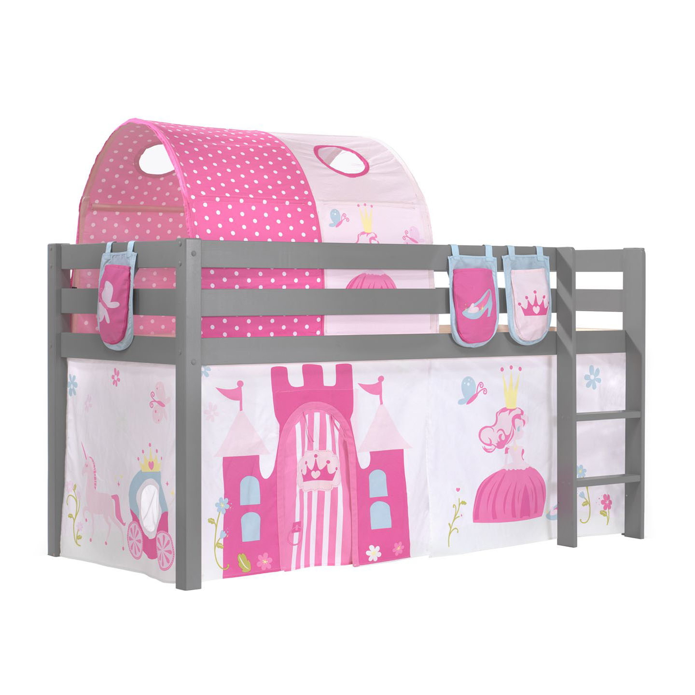 Halbhohes Bett Princess Grau, mit Spielvorhang, Höhle und Betttaschen 1