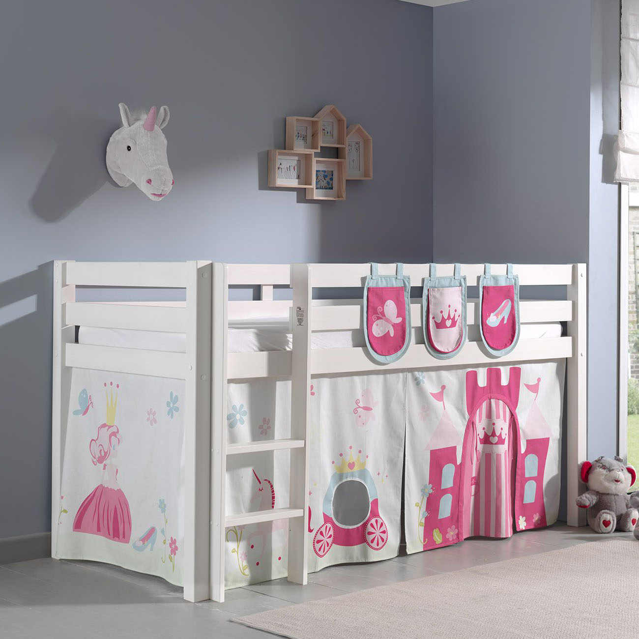 Halbhohes Bett Princess Weiss, mit Spielvorhang und Betttaschen 2