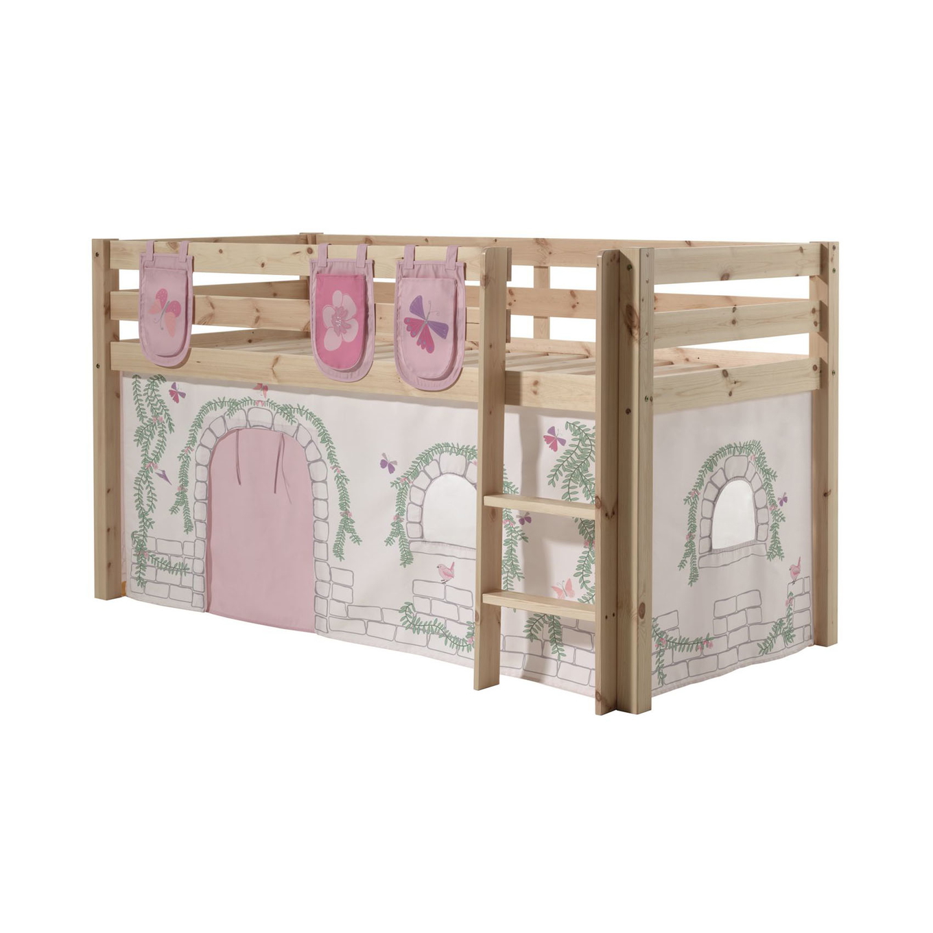 Halbhohes Bett Birdy Holz, mit Spielvorhang und Betttaschen