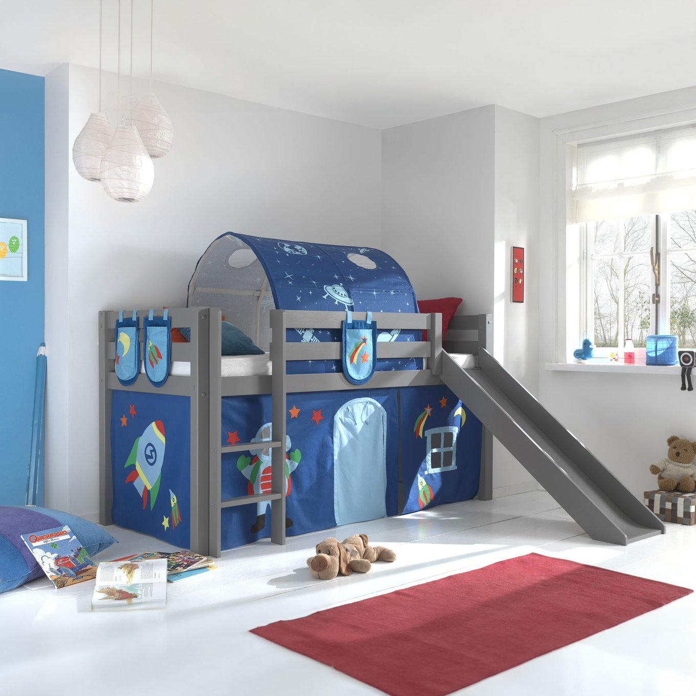 Halbhohes Bett Astro mit Rutsche Grau, mit Spielvorhang, Höhle und Betttaschen 2