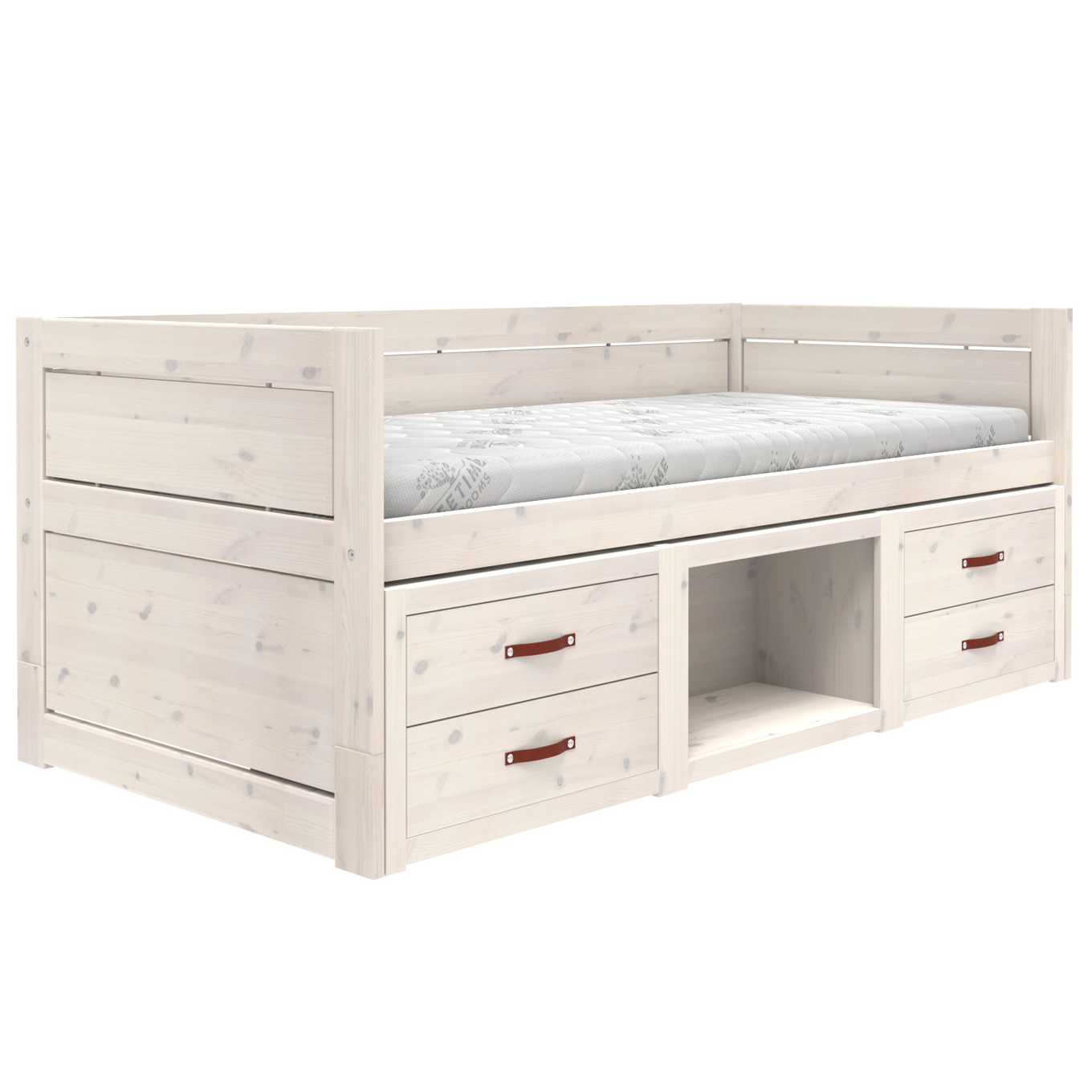 Kojenbett mit Regal und Schubladen Weiss lasiert, Deluxe Lattenrost 1