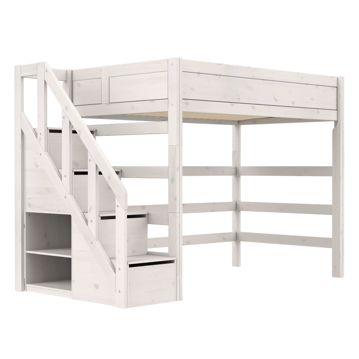 Hochbett mit Treppe 120x200cm Weiss lasiert, Deluxe Lattenrost