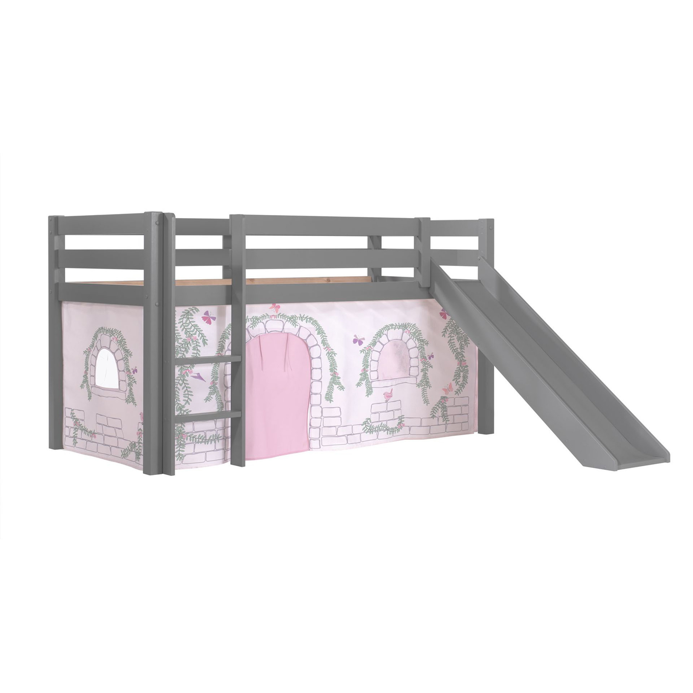 Halbhohes Bett Birdy mit Rutsche Grau, mit Spielvorhang 1