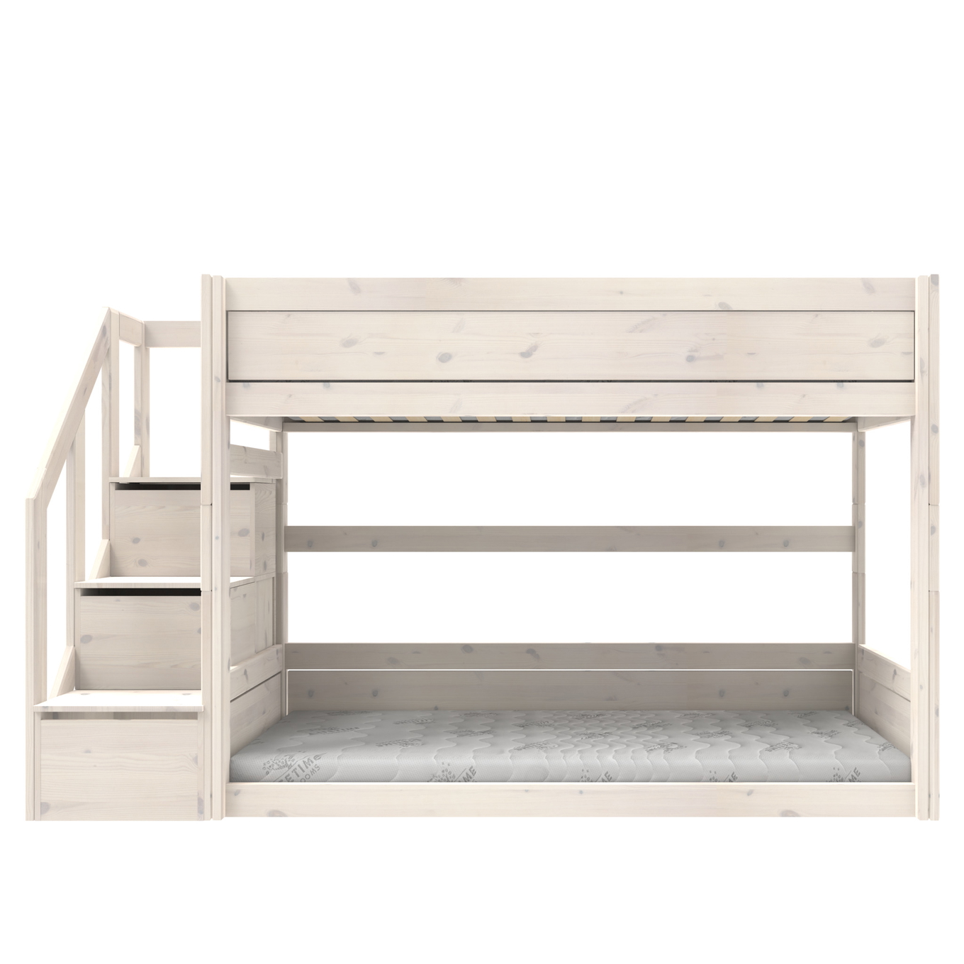 Niedriges Etagenbett mit Treppe Weiss lasiert, Rollrost 3