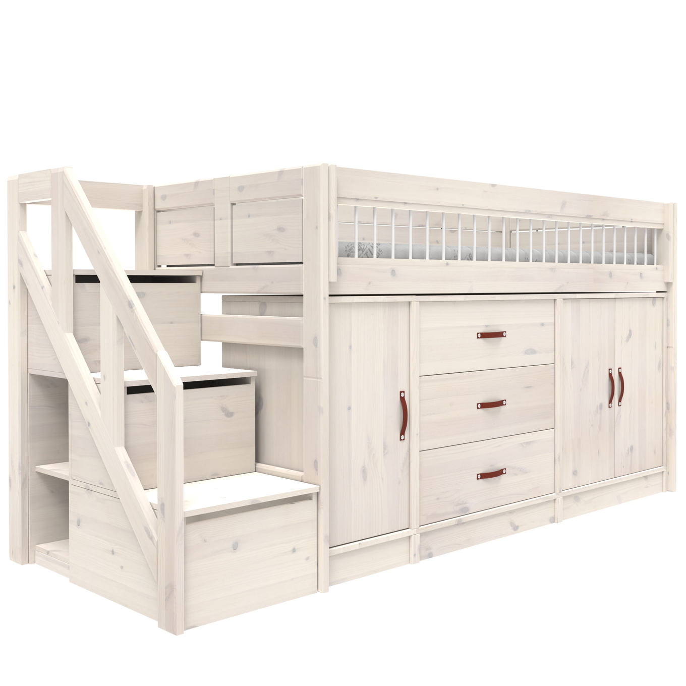 Halbhohes Bett All-In-One inkl. Regalmodul Weiss lasiert, Deluxe Lattenrost 2