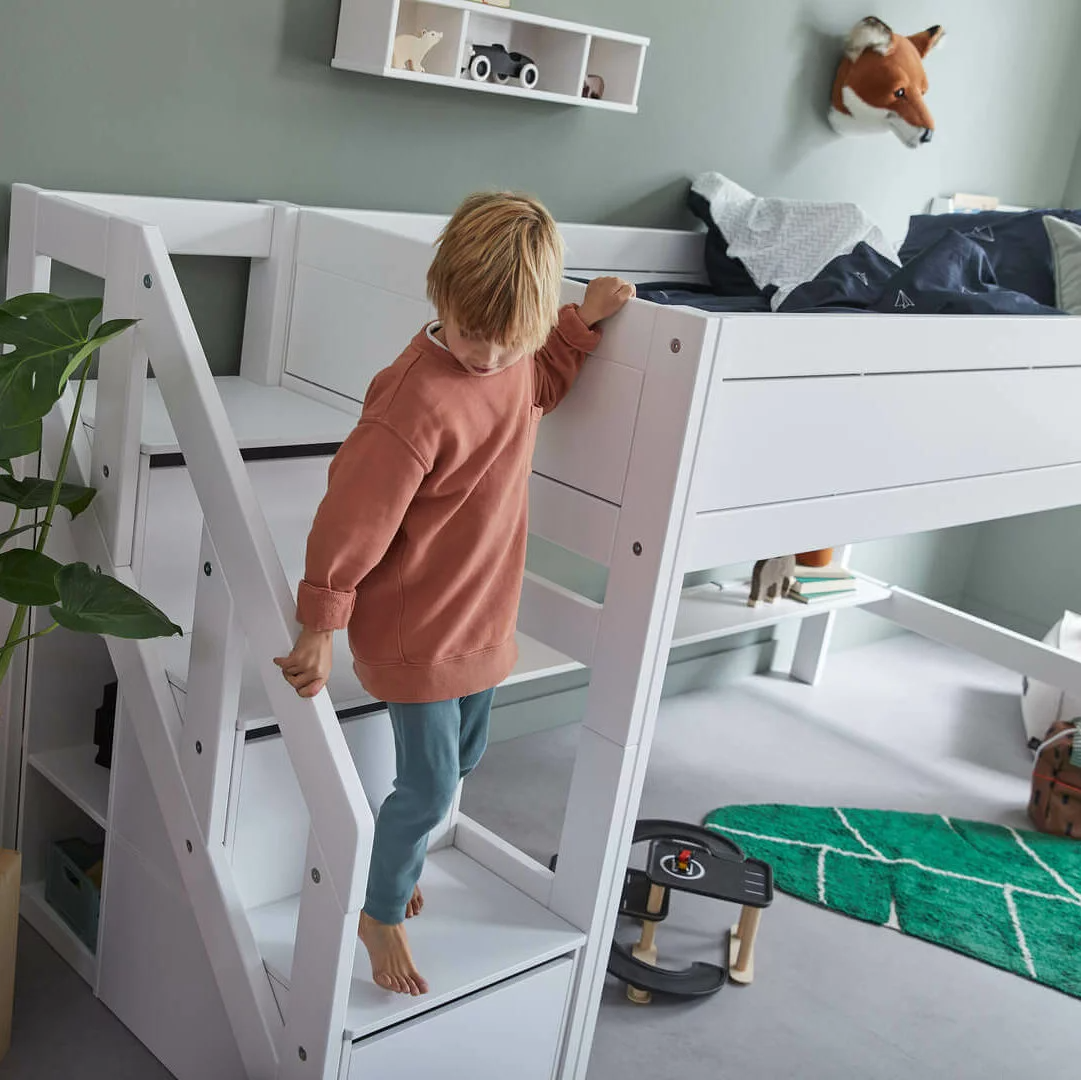 Mittelhohes Bett mit Treppe 90x200cm Weiss, Rollrost #2