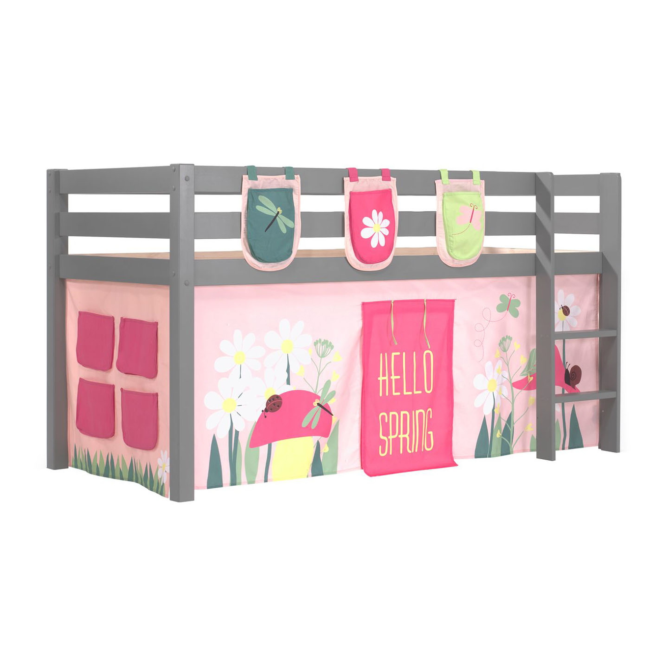 Halbhohes Bett Pino Spring Grau, mit Spielvorhang und Betttaschen