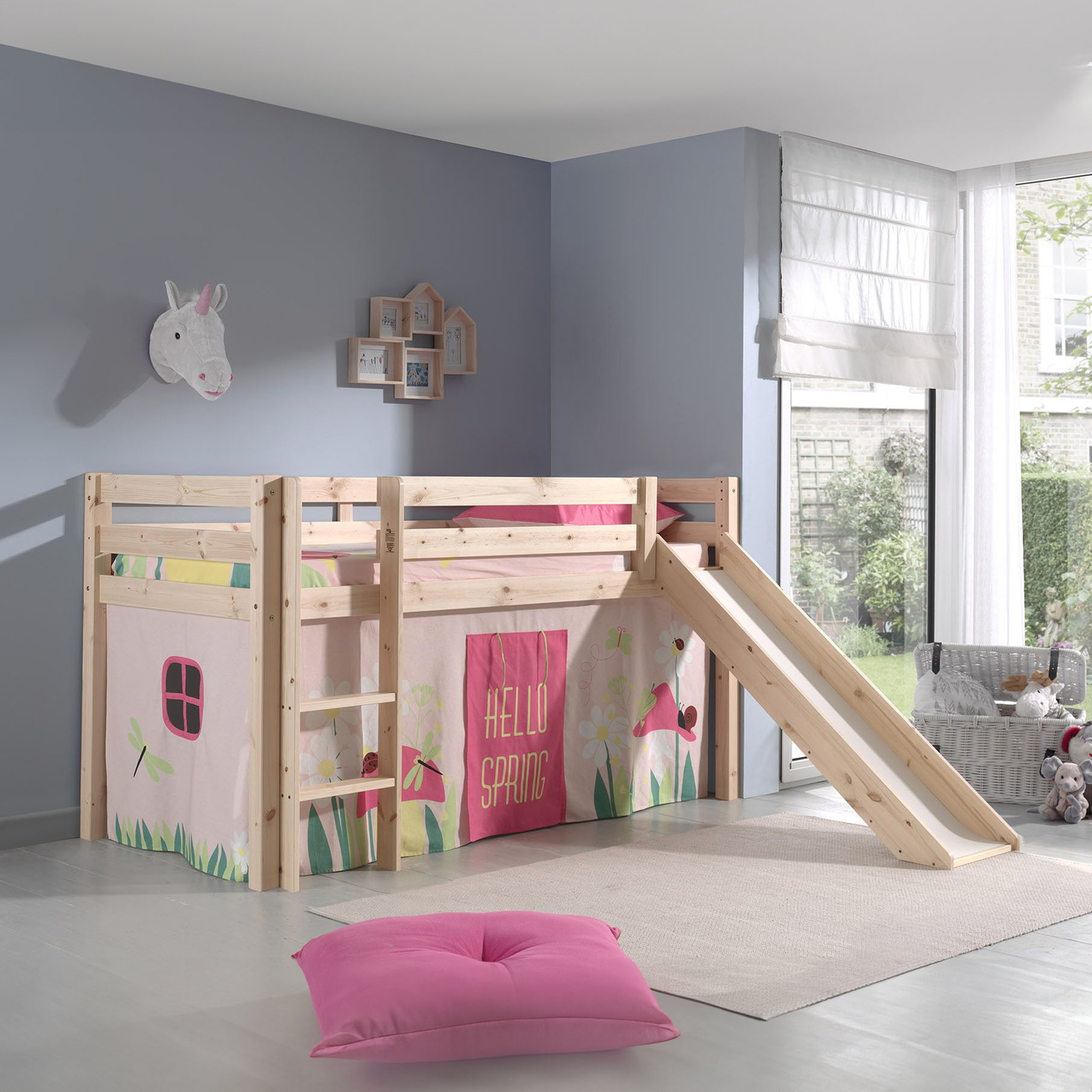 Halbhohes Bett Pino Spring mit Rutsche Holz, mit Spielvorhang 2