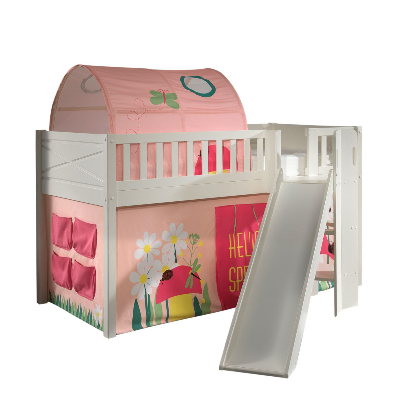 Halbhohes Bett Scott Spring mit Rutsche mit Spielvorhang und Höhle 1