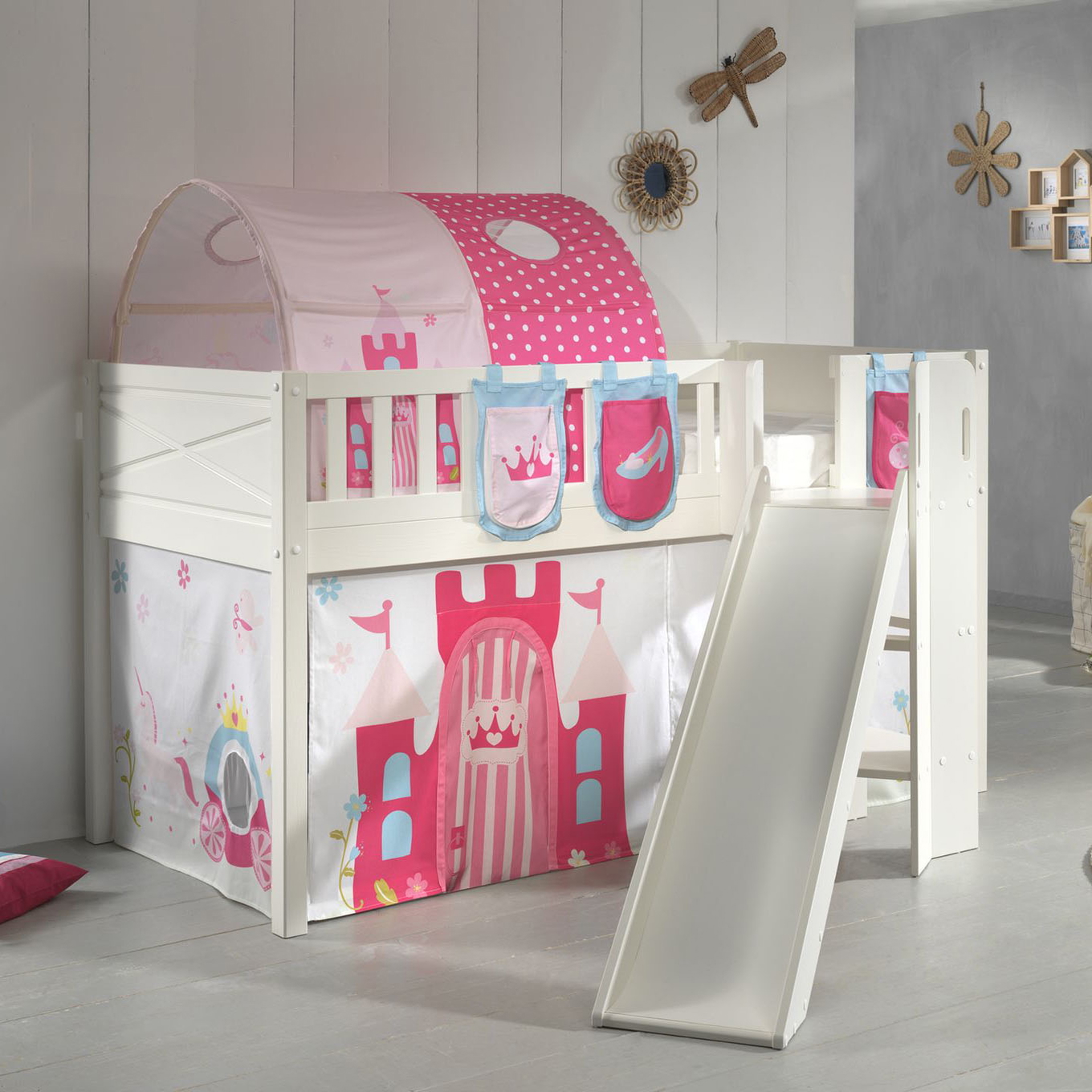 Halbhohes Bett Scott Princess mit Rutsche mit Spielvorhang, Höhle und Betttaschen 2