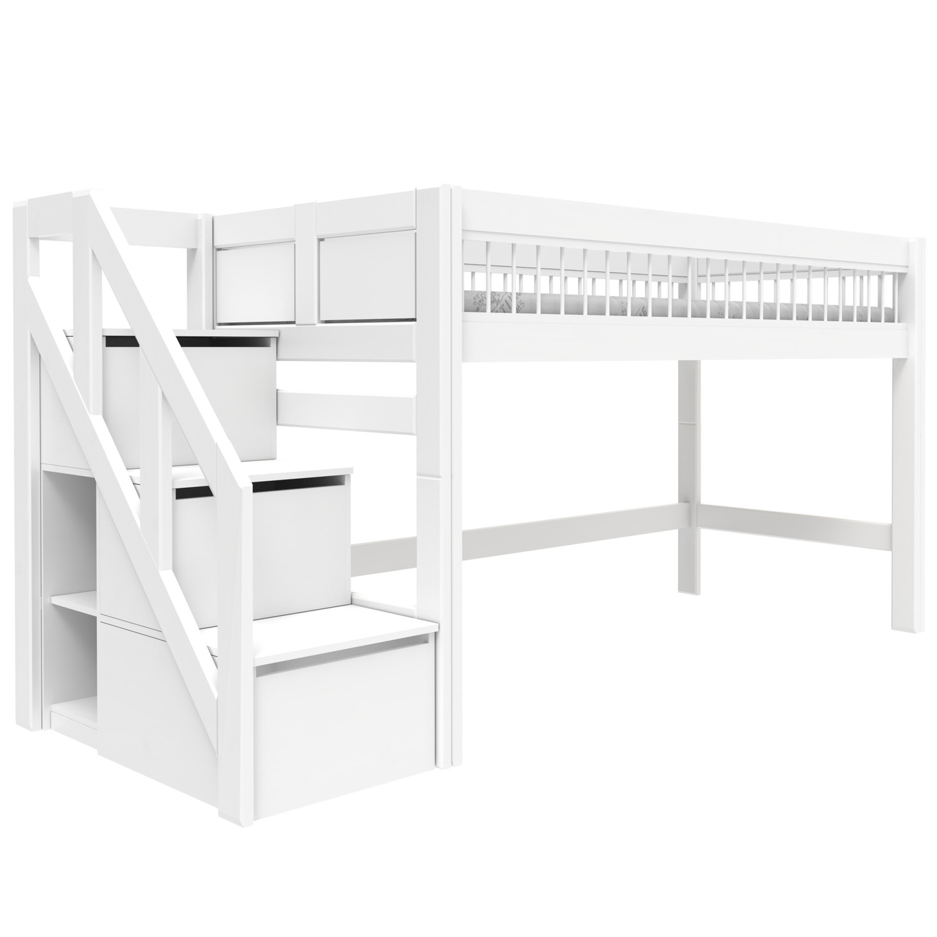 Halbhohes Bett mit Treppe Breeze 90x200cm Weiss, Rollrost 1