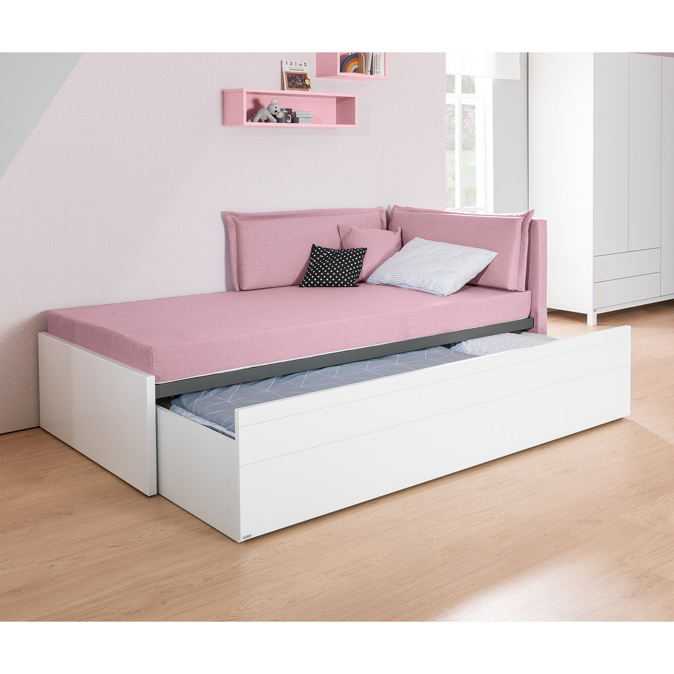 Bett Flynn mit gepolstertem Betthaupt Weiss, Dunkelrosa 4