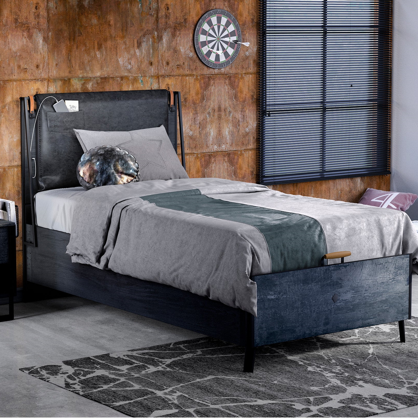 Bett Dark Metal Line mit Stauraum, 100 x 200 cm 2