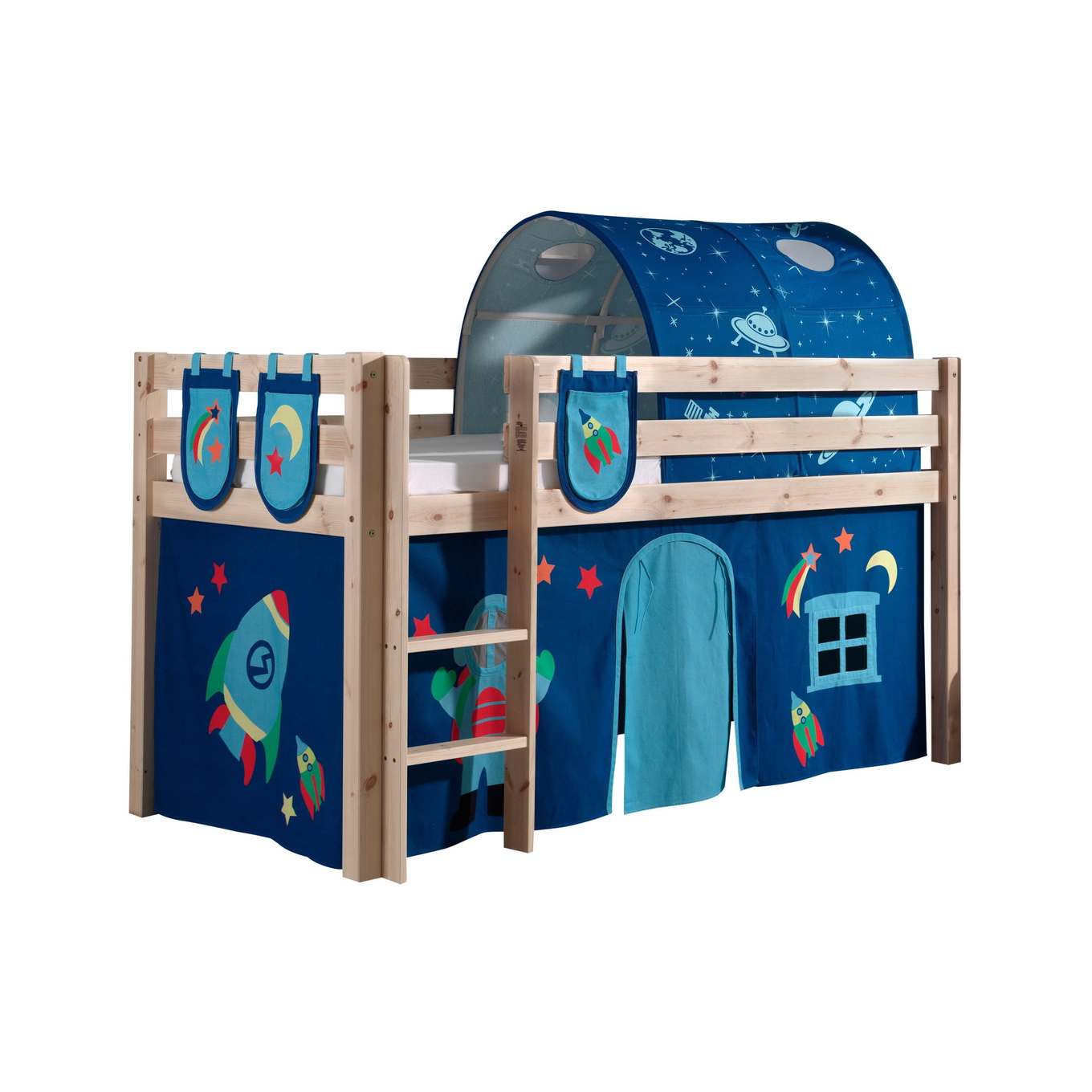 Halbhohes Bett Astro Holz, mit Spielvorhang, Höhle und Betttaschen