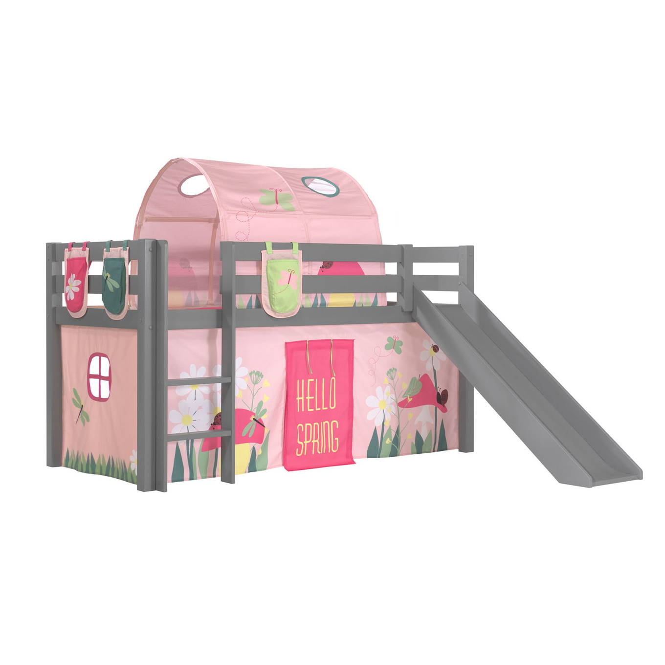 Halbhohes Bett Pino Spring mit Rutsche Grau, mit Spielvorhang, Höhle und Betttaschen 1