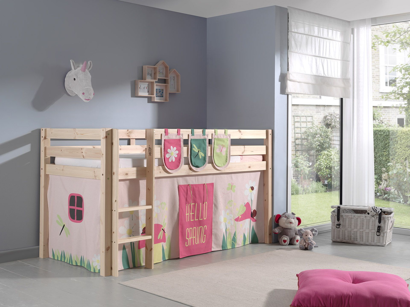 Halbhohes Bett Pino Spring Holz, mit Spielvorhang und Betttaschen 3