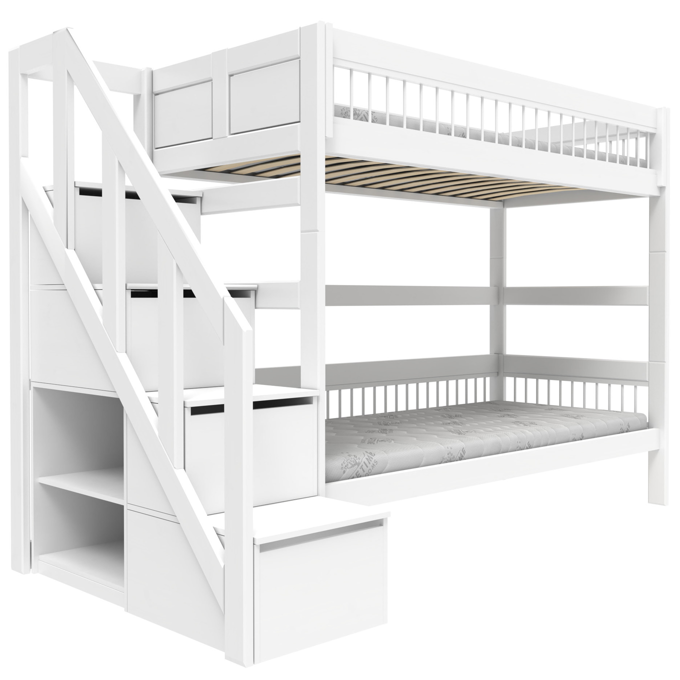 Etagenbett mit Treppe Breeze Weiss, Deluxe Lattenrost