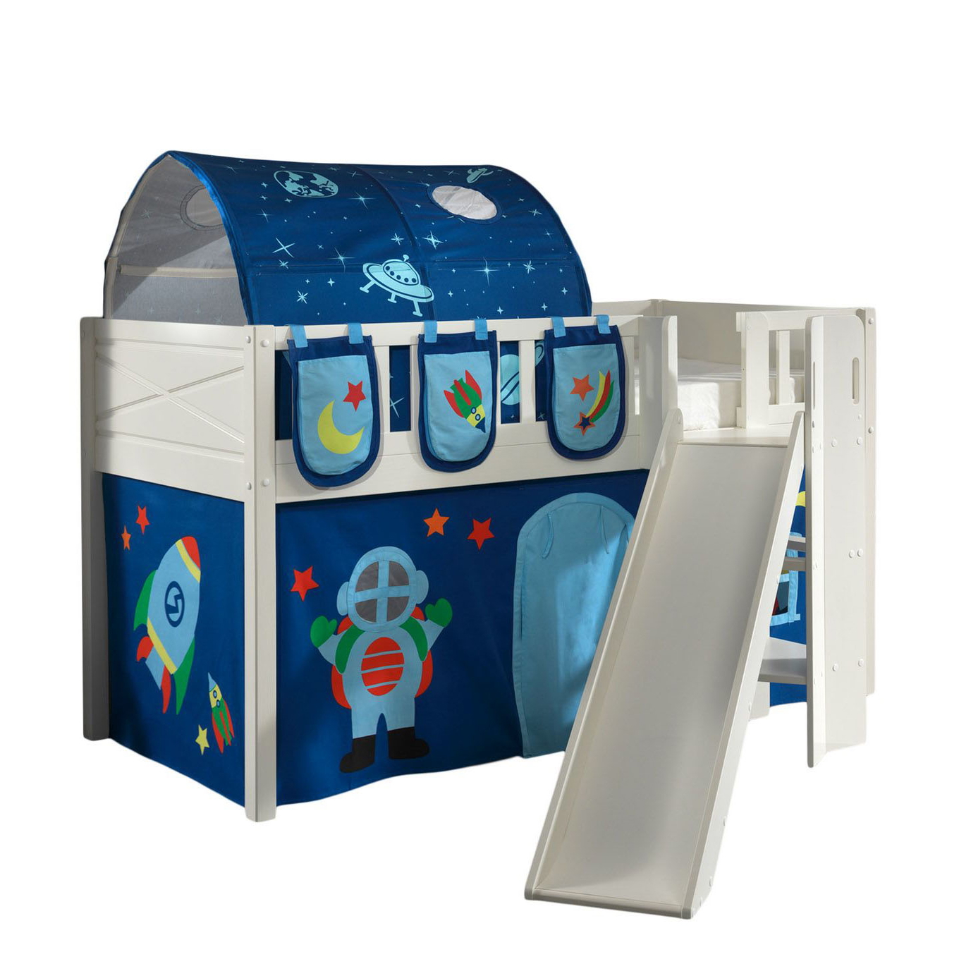 Halbhohes Bett Scott Astro mit Rutsche mit Spielvorhang, Höhle und Betttaschen 1