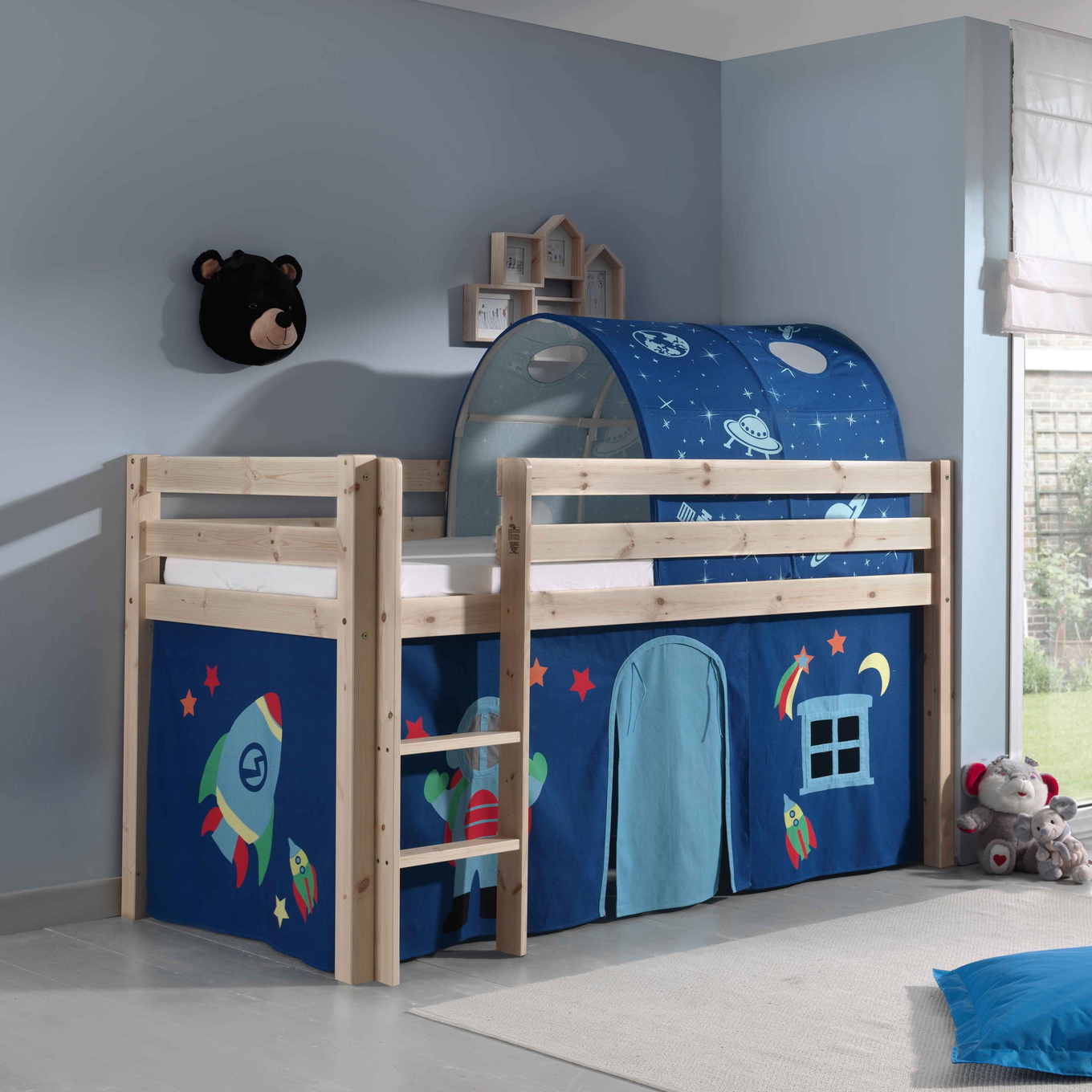 Halbhohes Bett Astro Holz, mit Spielvorhang und Höhle #2