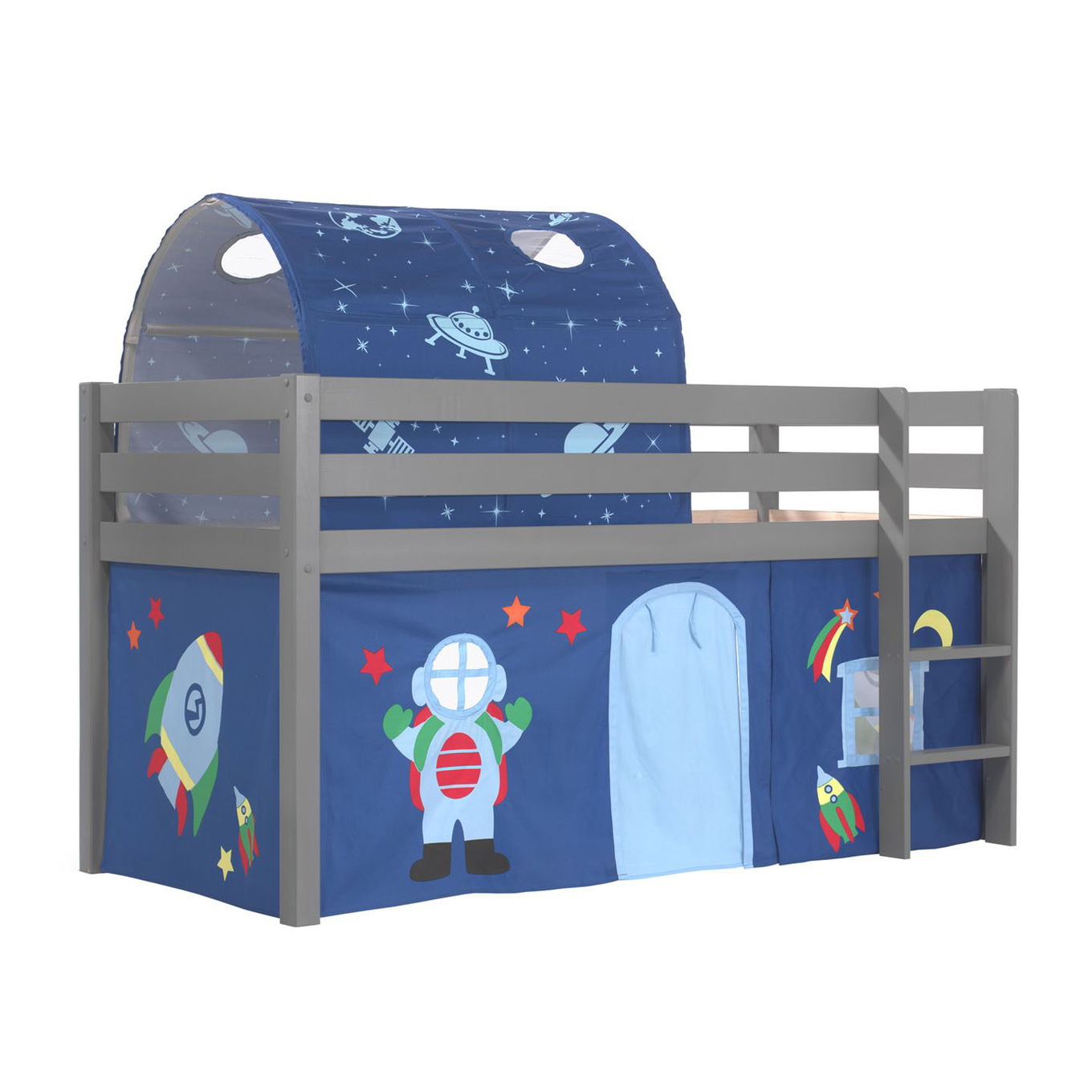 Halbhohes Bett Astro Grau, mit Spielvorhang und Höhle 1