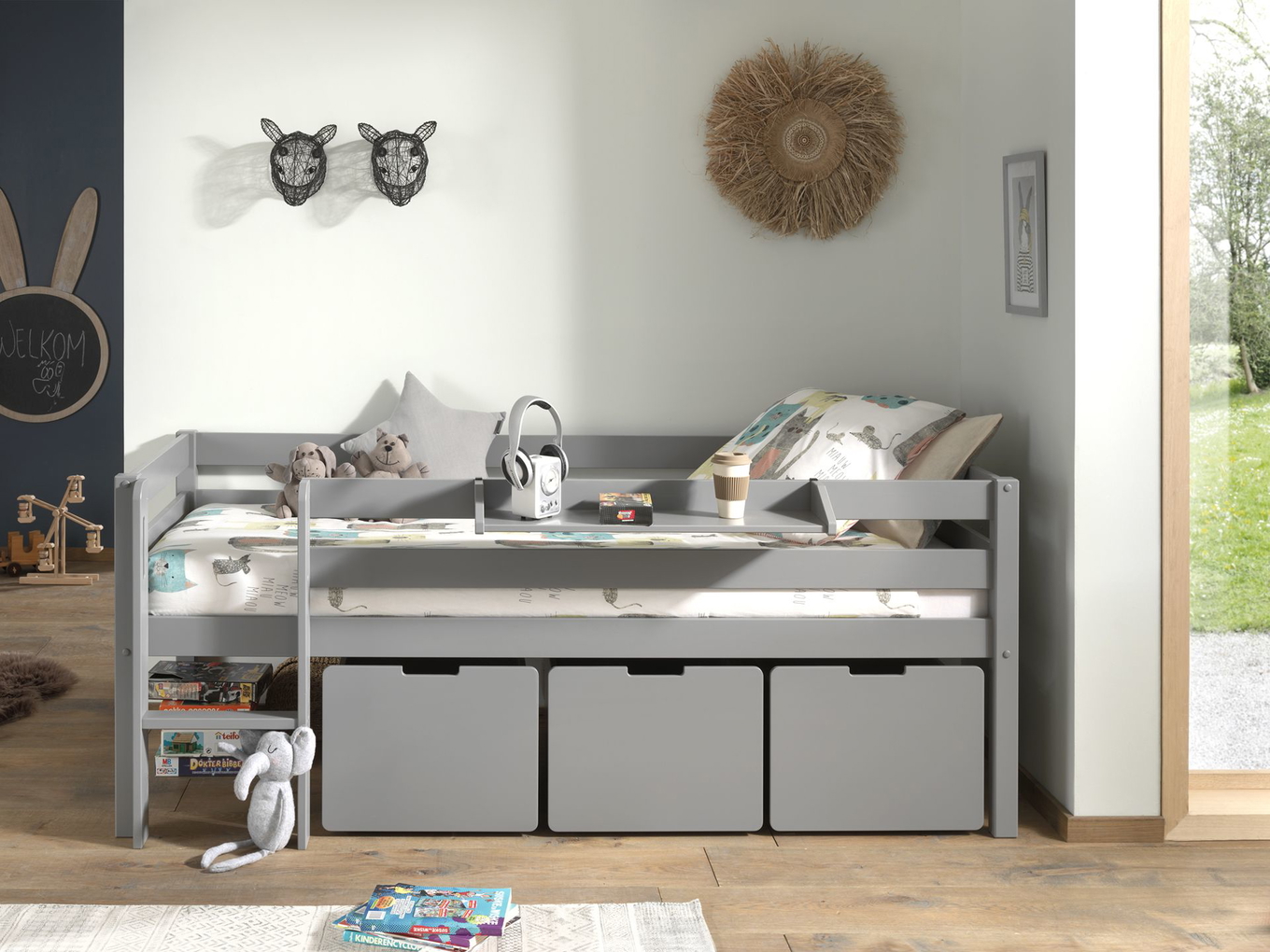 Bett Pino inkl. Hängeablage & Schubladen Set Grau 3