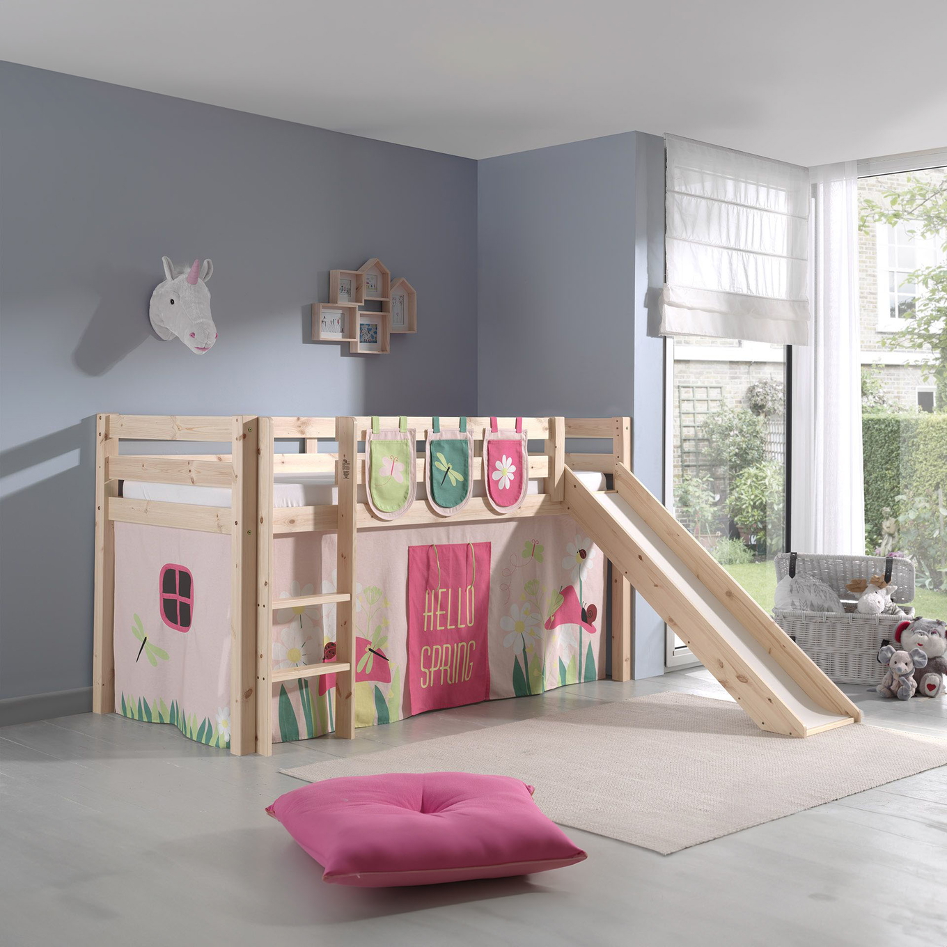 Halbhohes Bett Pino Spring mit Rutsche Holz, mit Spielvorhang und Betttaschen 2