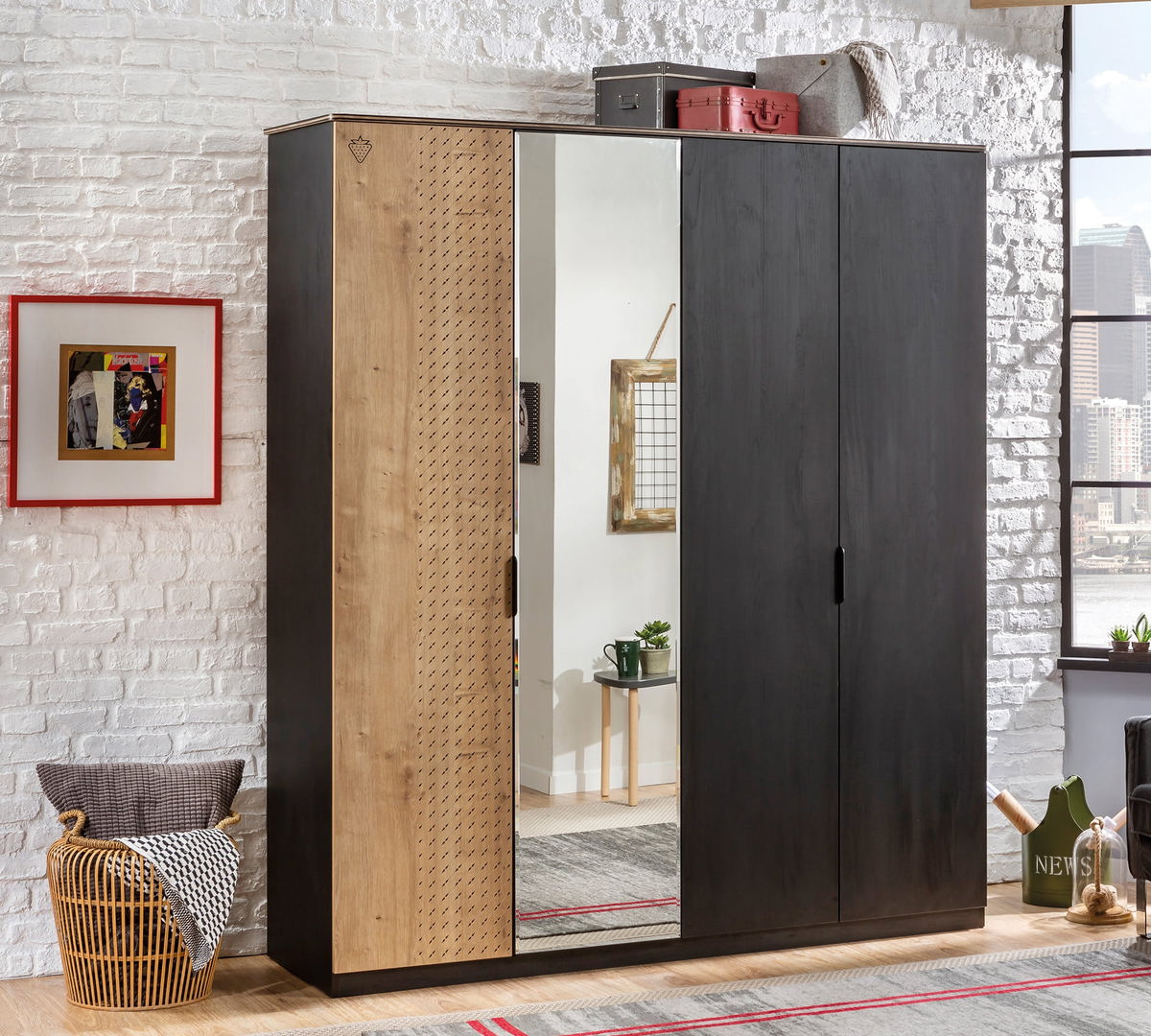 Kleiderschrank Black 4-türig mit Spiegel 2
