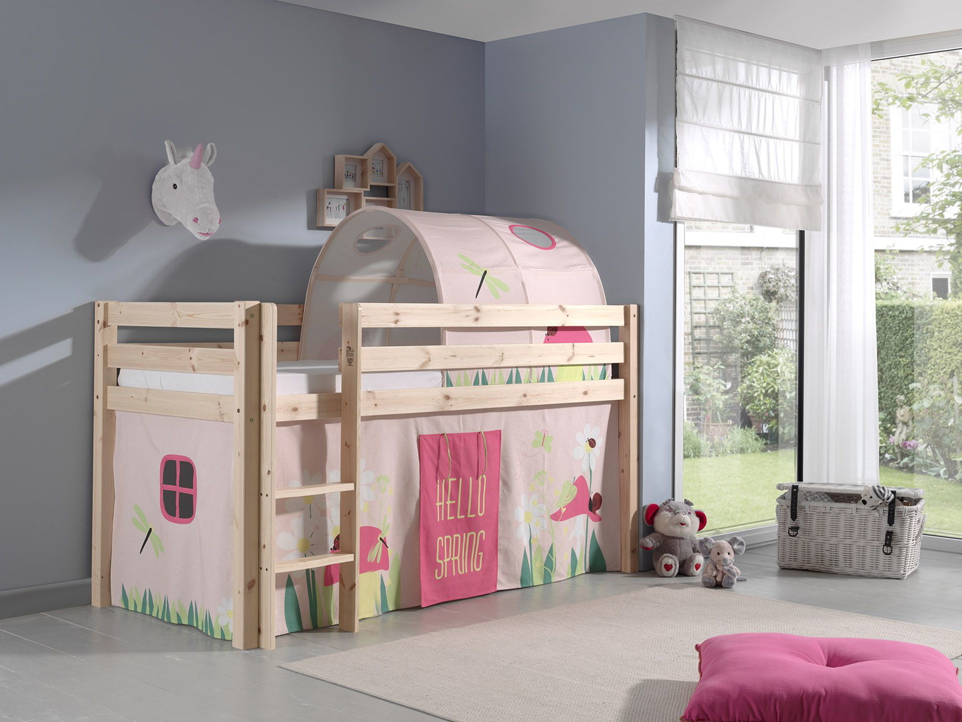 Halbhohes Bett Pino Spring Holz, mit Spielvorhang und Höhle 3