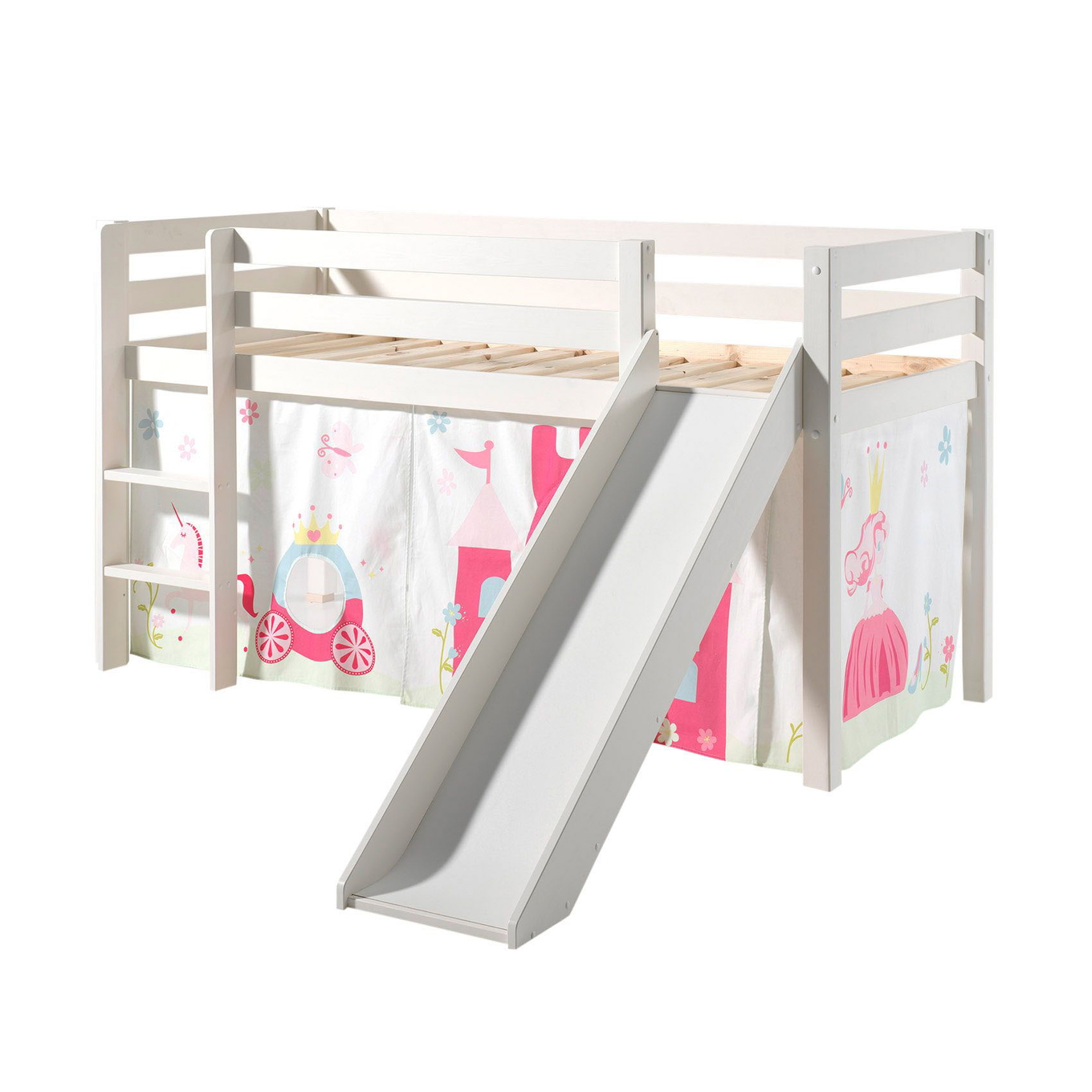 Halbhohes Bett Princess mit Rutsche Weiss, mit Spielvorhang 1