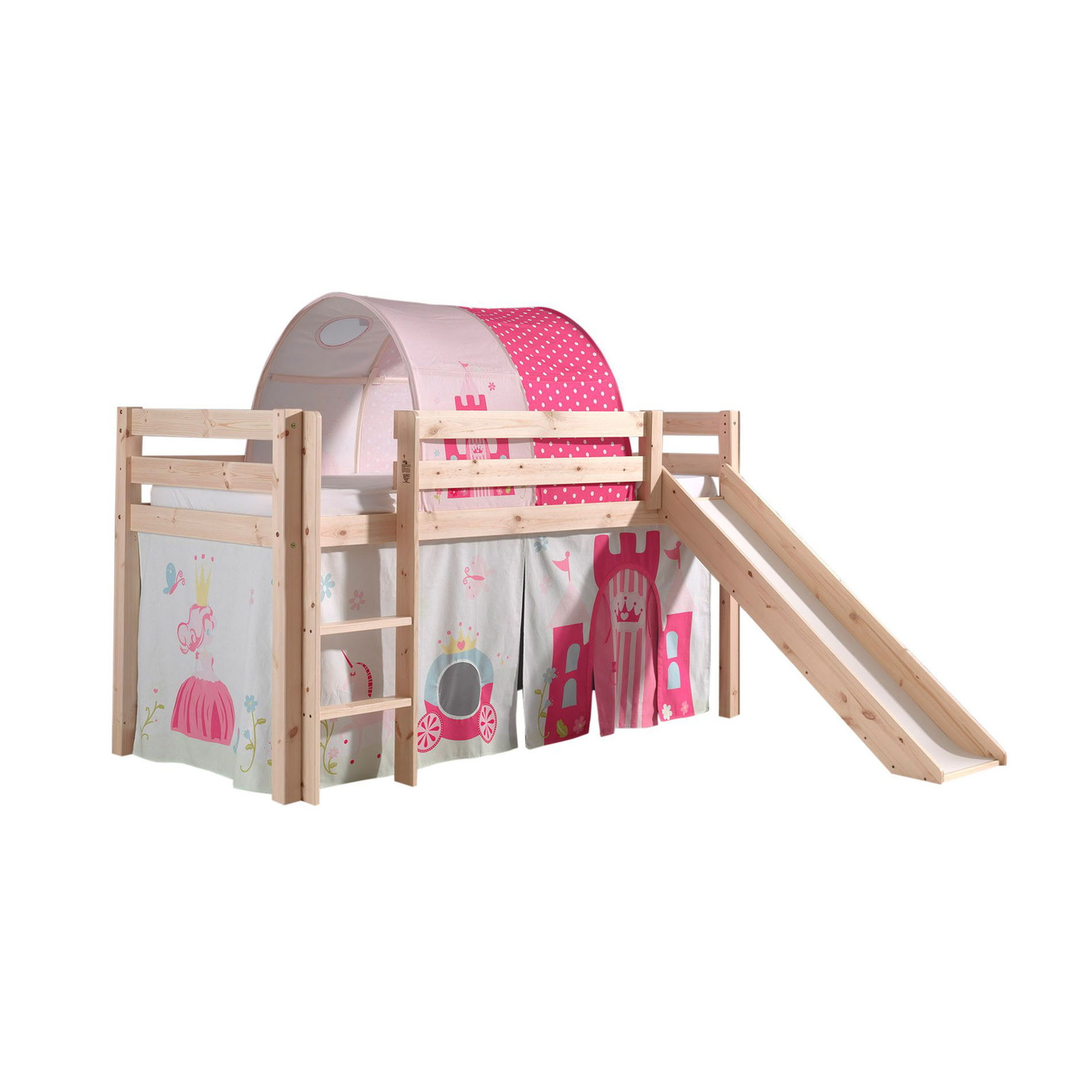 Halbhohes Bett Princess mit Rutsche Holz, mit Spielvorhang und Höhle