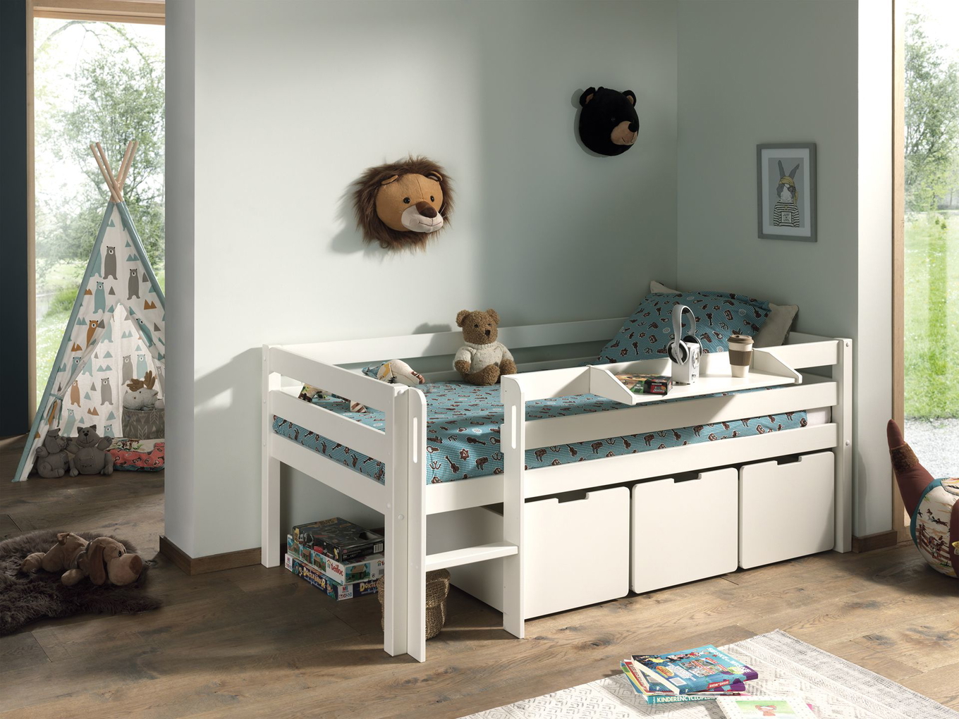 Bett Pino inkl. Hängeablage & Schubladen Set Weiss 3