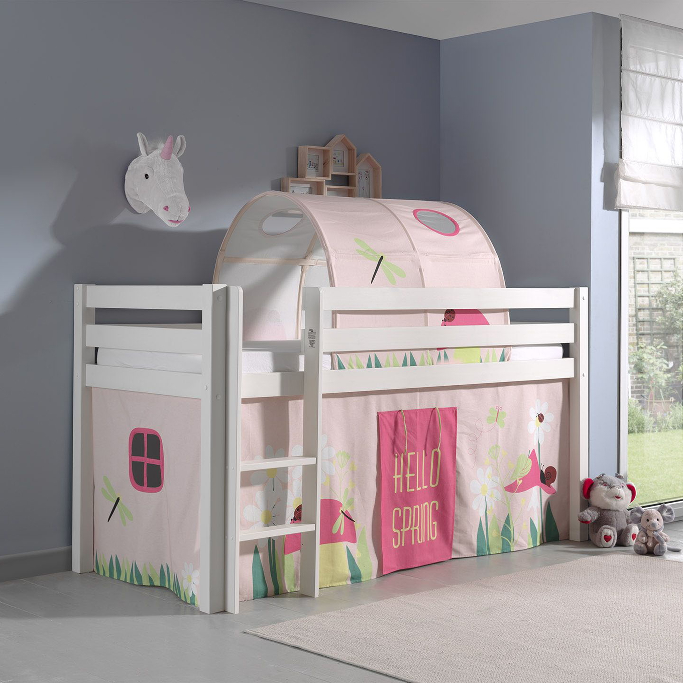 Halbhohes Bett Pino Spring Weiss, mit Spielvorhang und Höhle 2