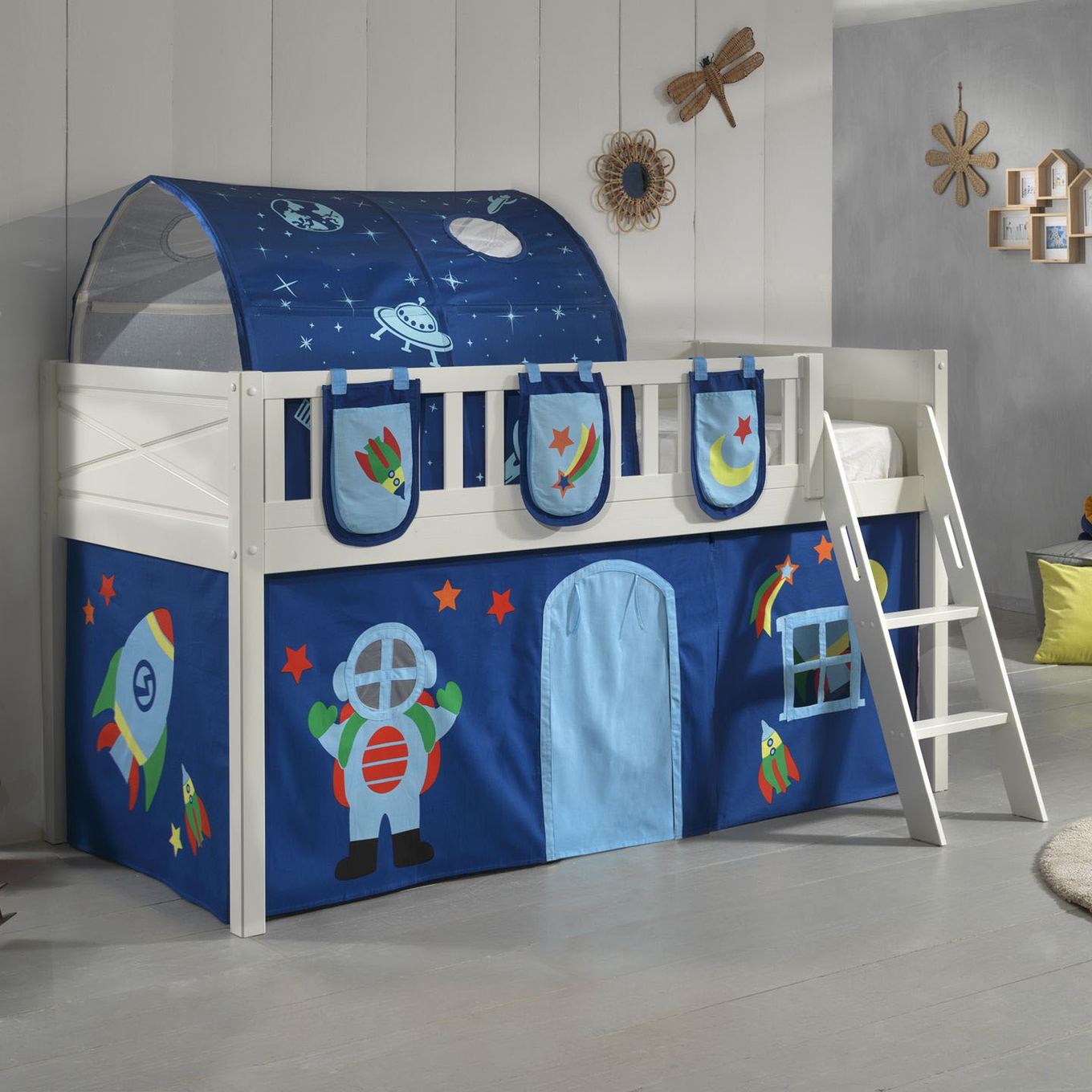 Halbhohes Bett Scott Astro mit Spielvorhang, Höhle und Betttaschen 2