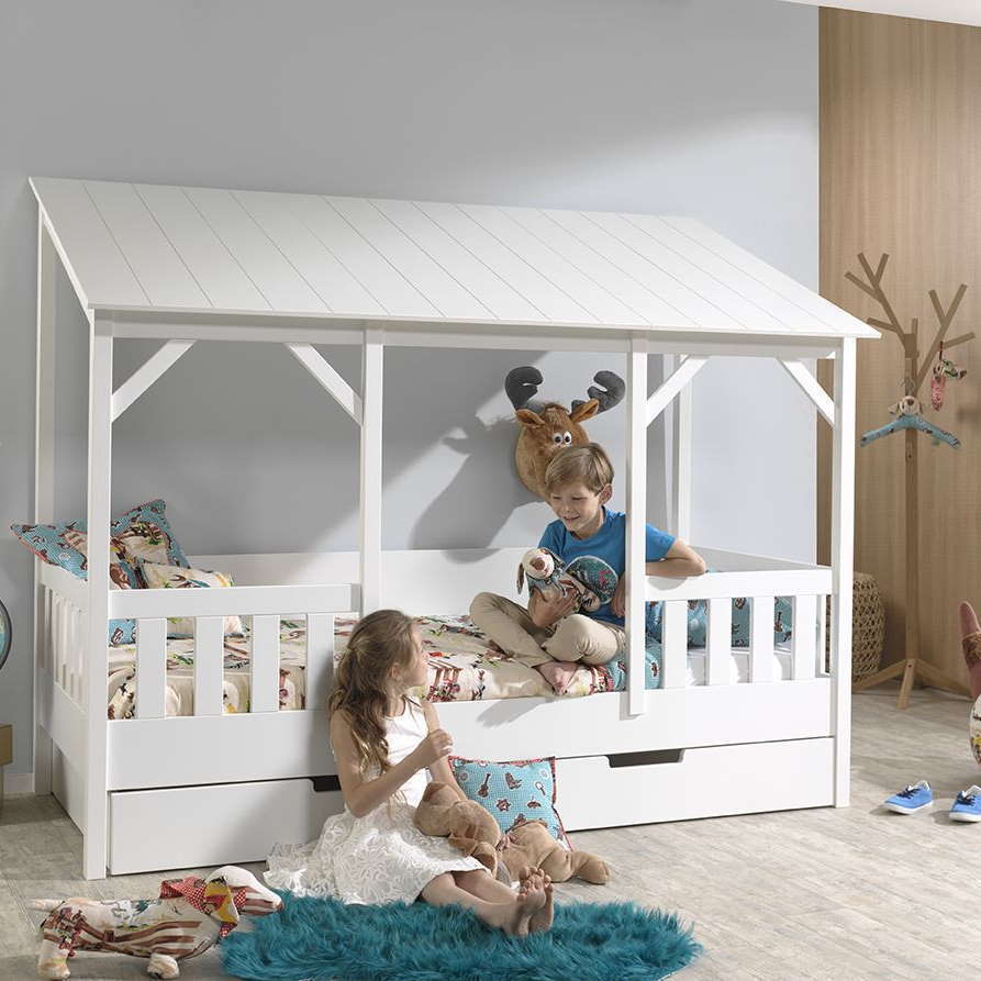 Hausbett mit Dach Weiss, mit Ausziehkasten 2