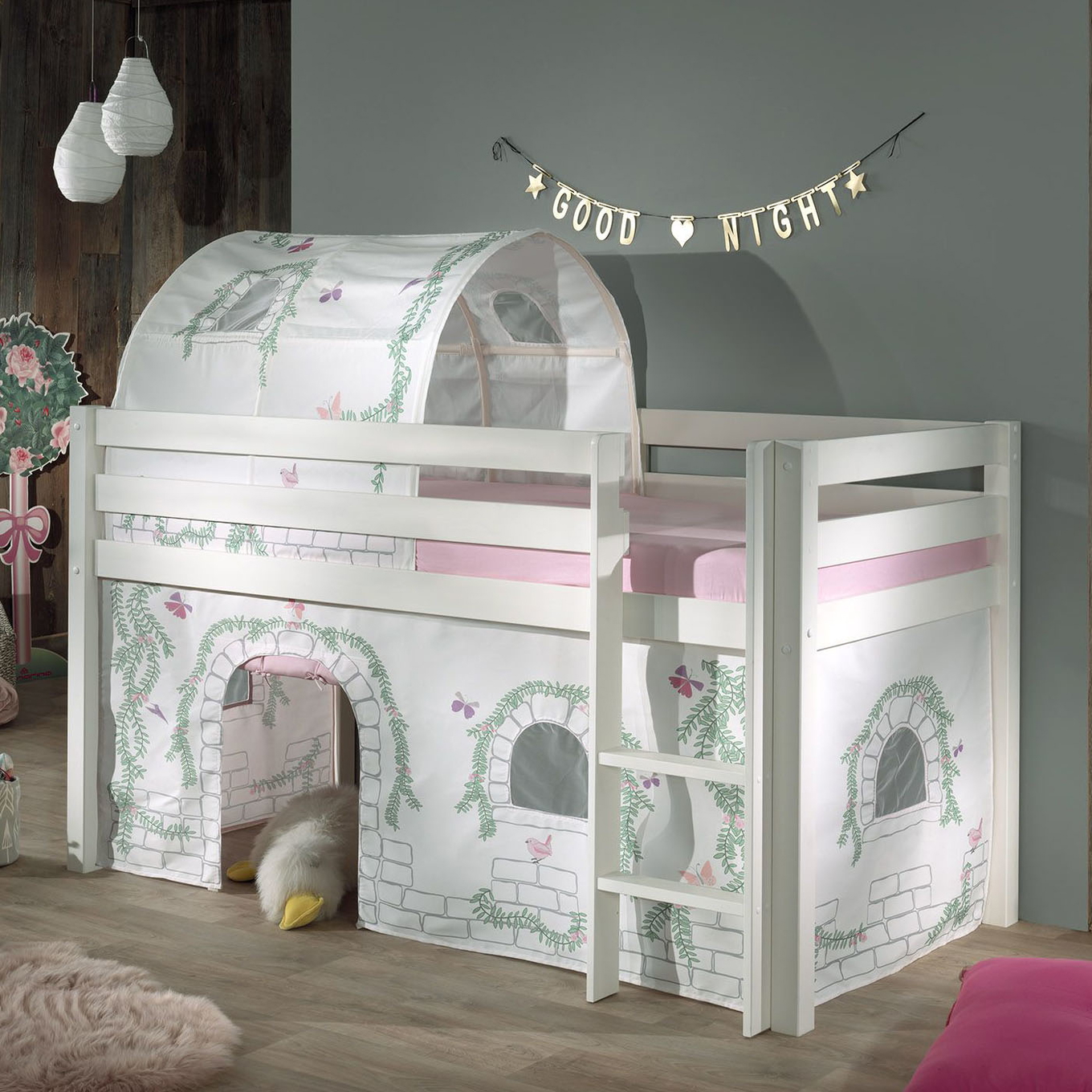 Halbhohes Bett Birdy Weiss, mit Spielvorhang und Höhle #2