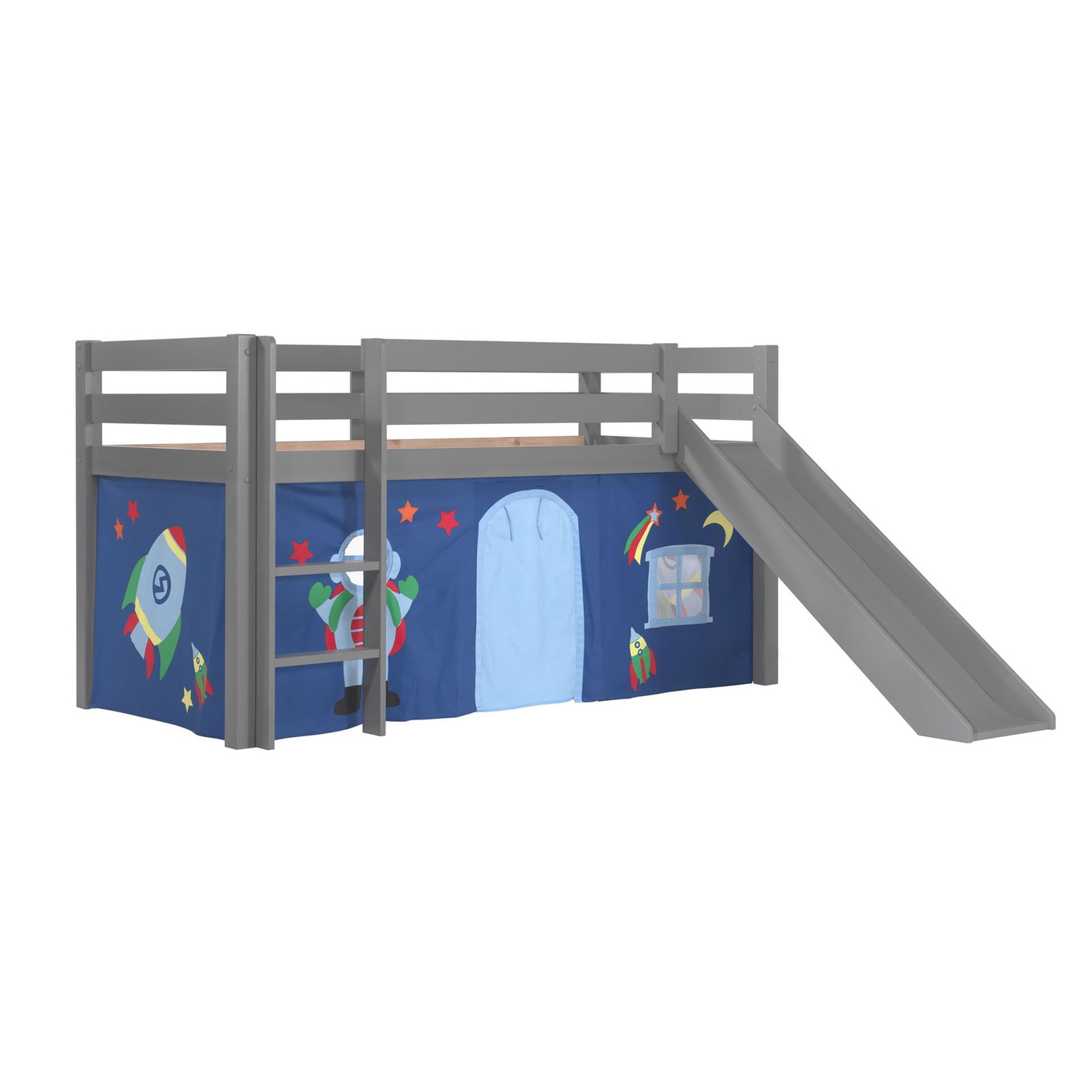 Halbhohes Bett Astro mit Rutsche Grau, mit Spielvorhang 1