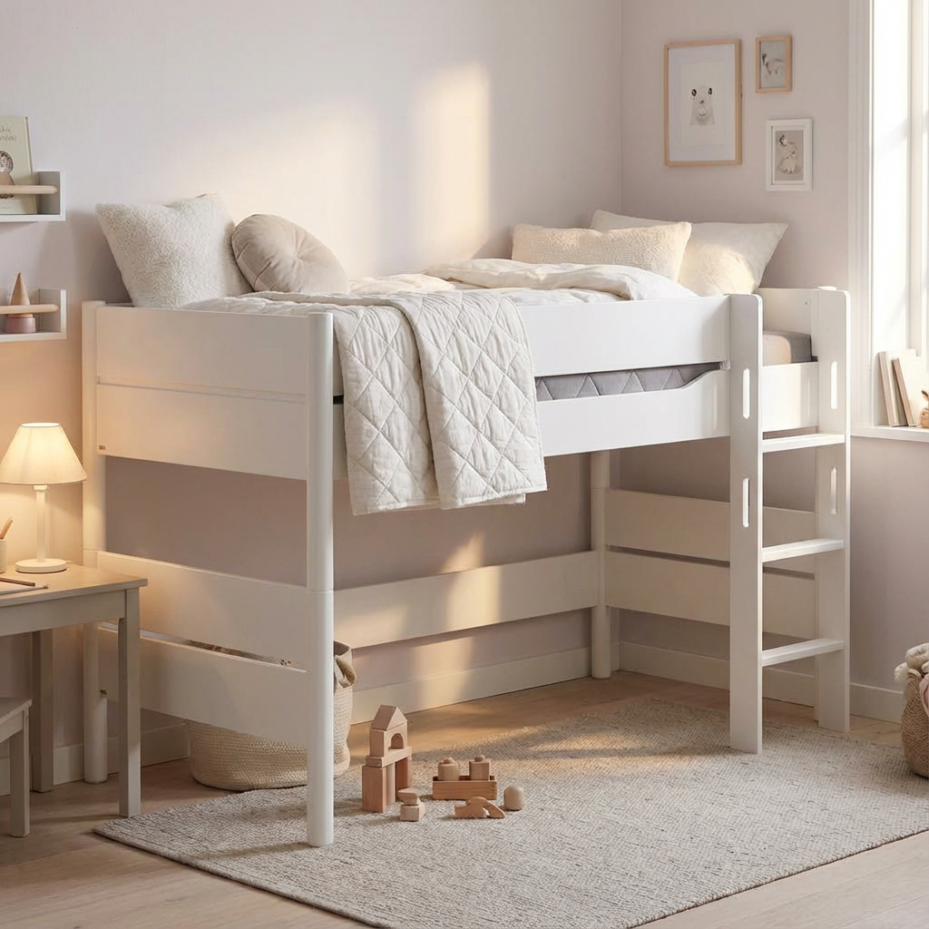 Halbhohes Bett Ylvie mit gerader Leiter, Weiss, 90 x 200 cm 4