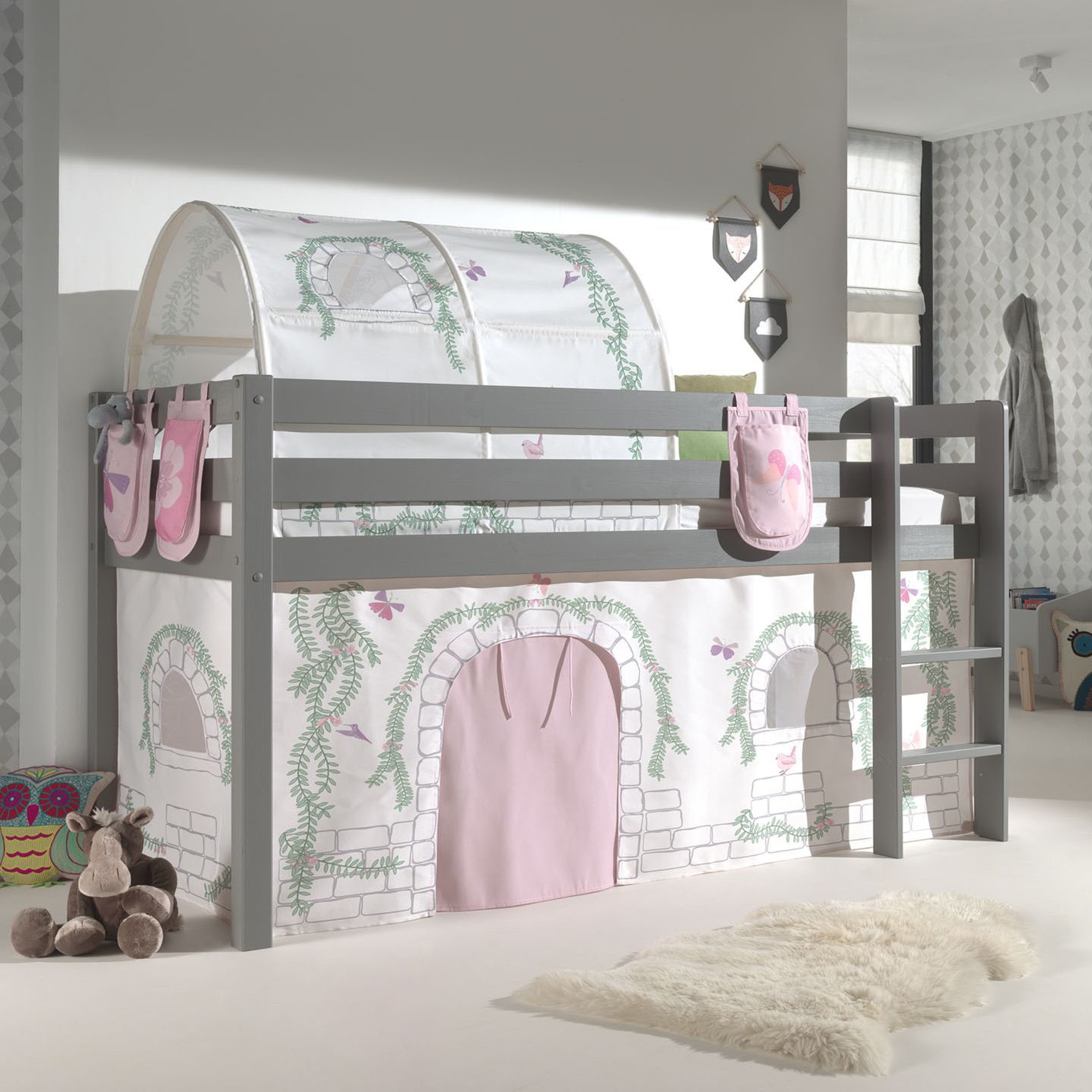 Halbhohes Bett Birdy Grau, mit Spielvorhang, Höhle und Betttaschen 2