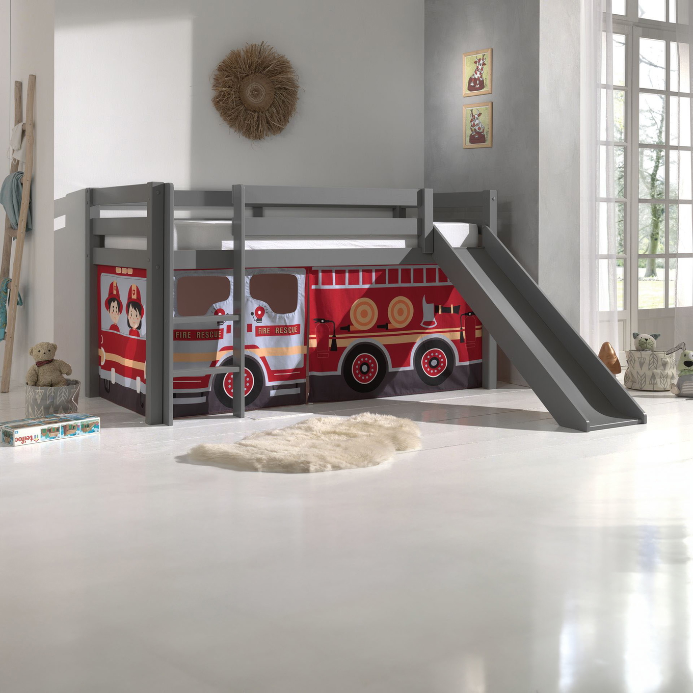 Halbhohes Bett Fire Truck mit Rutsche Grau #2
