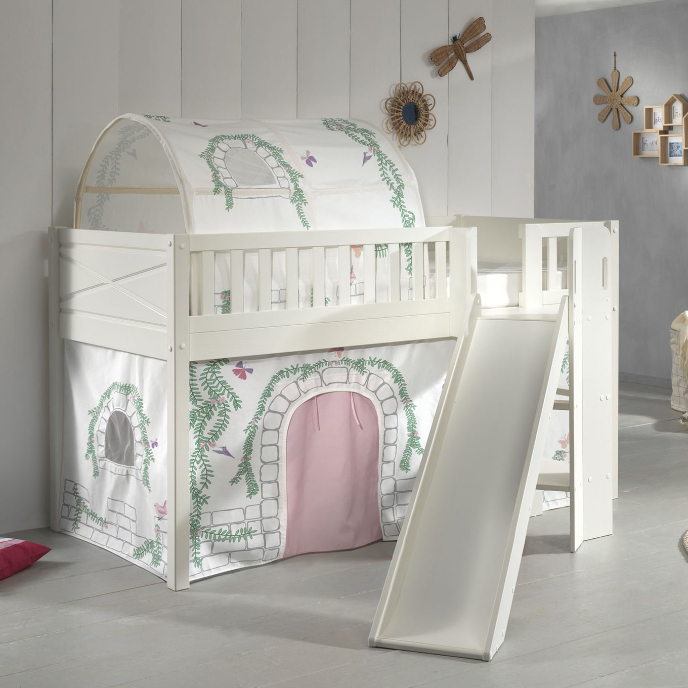 Halbhohes Bett Scott Birdy mit Rutsche mit Spielvorhang und Höhle 2