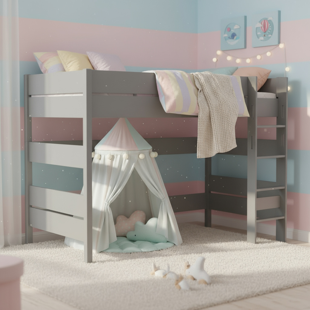 Mittelhohes Bett Tiago Grau, mit gerader Leiter, 90 x 200 cm #2