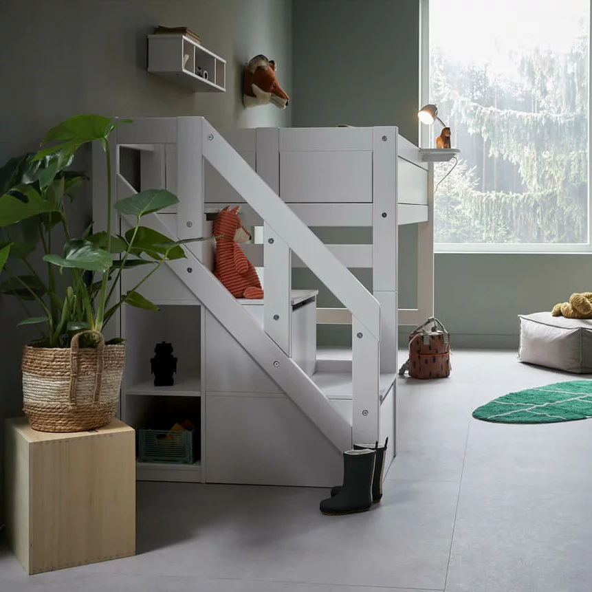 Halbhohes Bett mit Treppe 90x200cm Weiss, Deluxe Lattenrost 2